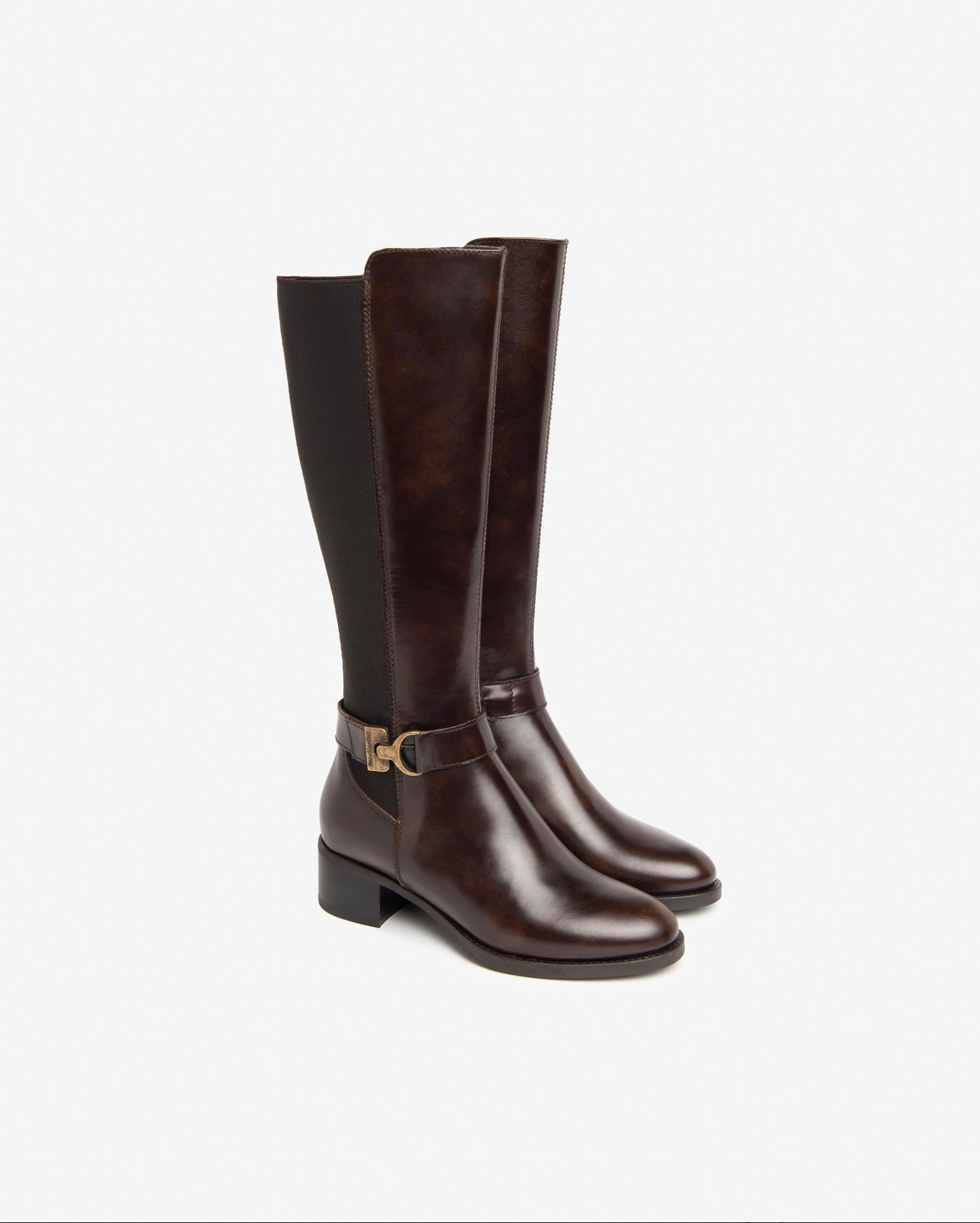 Brown Genuine Leather Stretch Buckle Knee High Boots for Women - Comfortable & Stylish Winter Fashion Booties for Office, Party & Night Out