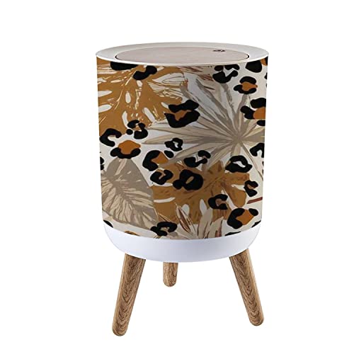 Nordic Style Trash Can with Lid - Abstract Tropical Leaves & Leopard Camouflage Design - Modern Round Garbage Bin with Legs for Kitchen, Bathroom, Office - 1.8 Gallon (7L) - Dog Proof & Odor Control - Perfect for Small Spaces and Home Decor