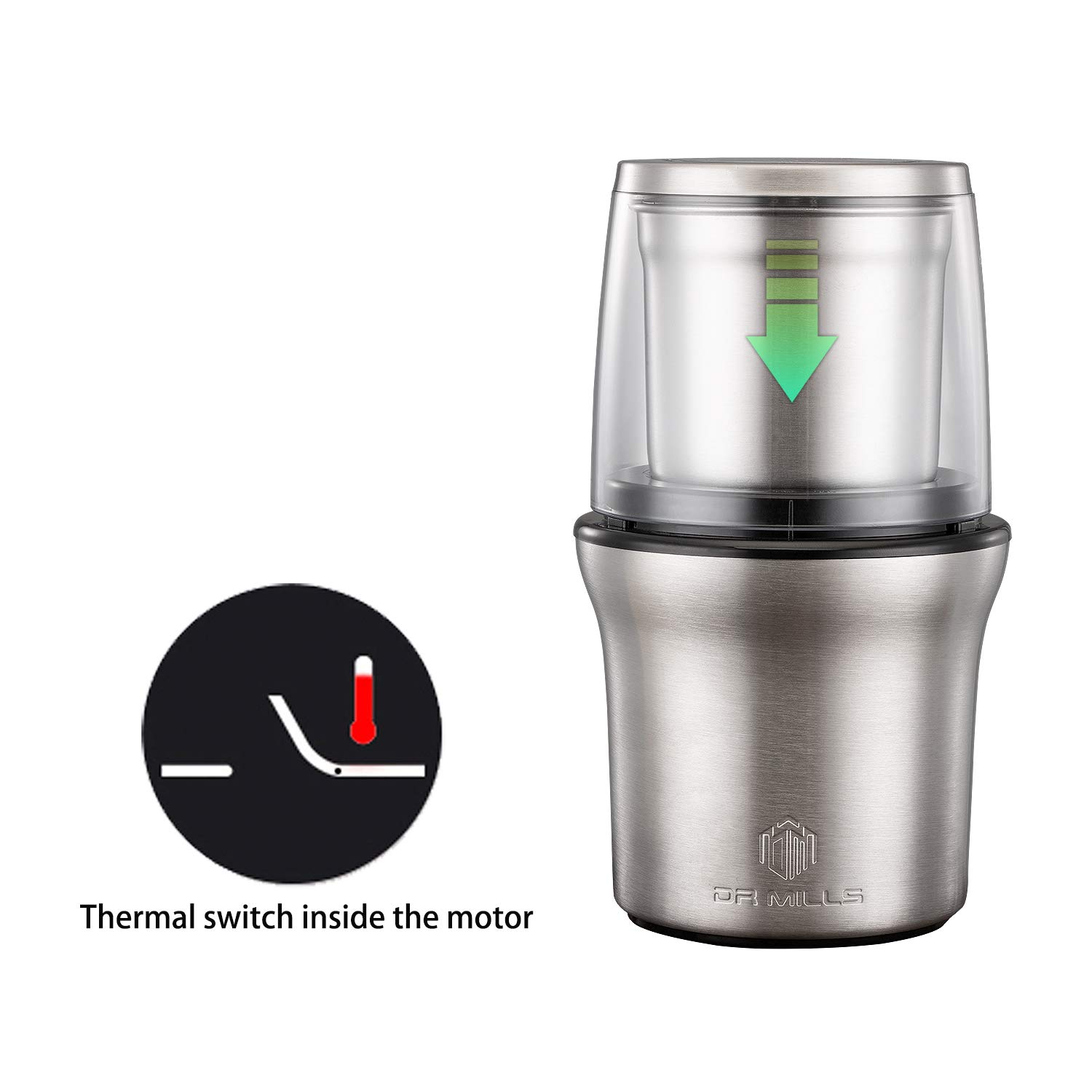 DR MILLS DM-7412N Electric Coffee & Spice Grinder - 200W Small Food Grinder with Detachable Cup & SUS304 Stainless Steel Blade - Perfect for Home Kitchen, Coffee Shops, and Baking Needs