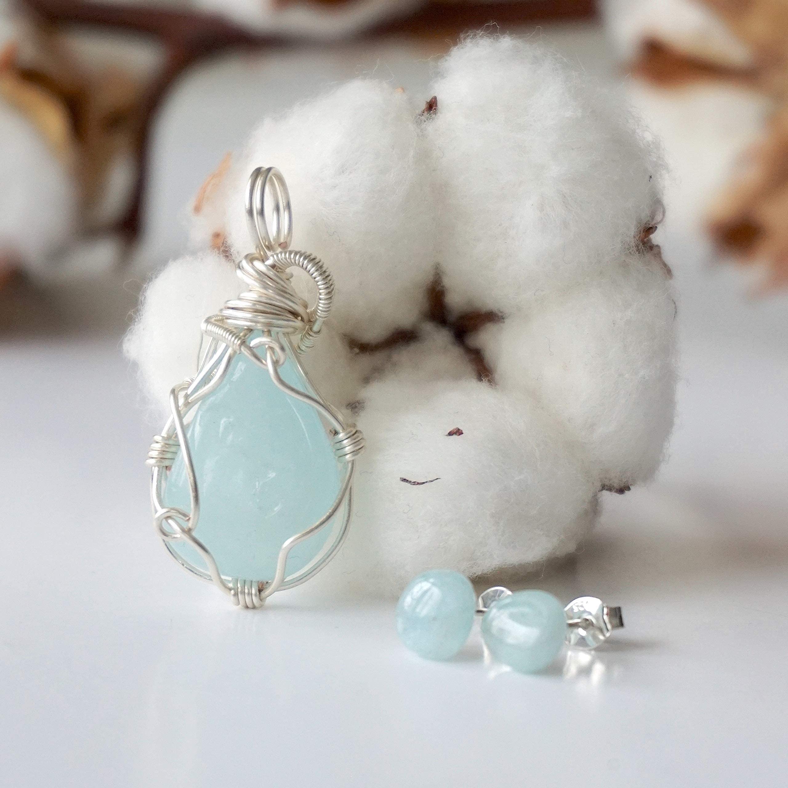 Handmade Aquamarine Jewelry Set for Women - Silver Plated 24 Inch Chain, Wire Wrapped Pendant & Earrings, March Birthstone Gift Box | Perfect for Birthdays, Anniversaries & Special Occasions