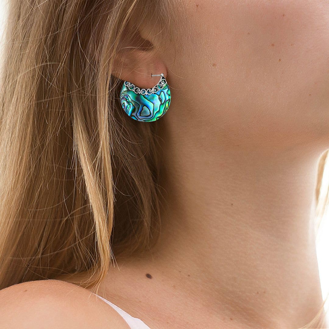 925 Sterling Silver Abalone Shell Hoop Earrings - Genuine Handmade Boho Jewelry for Women - Natural Abalone Bali Dangling Earrings - Perfect for Birthday Gifts, Beach Parties & Boho Fashion Accessories