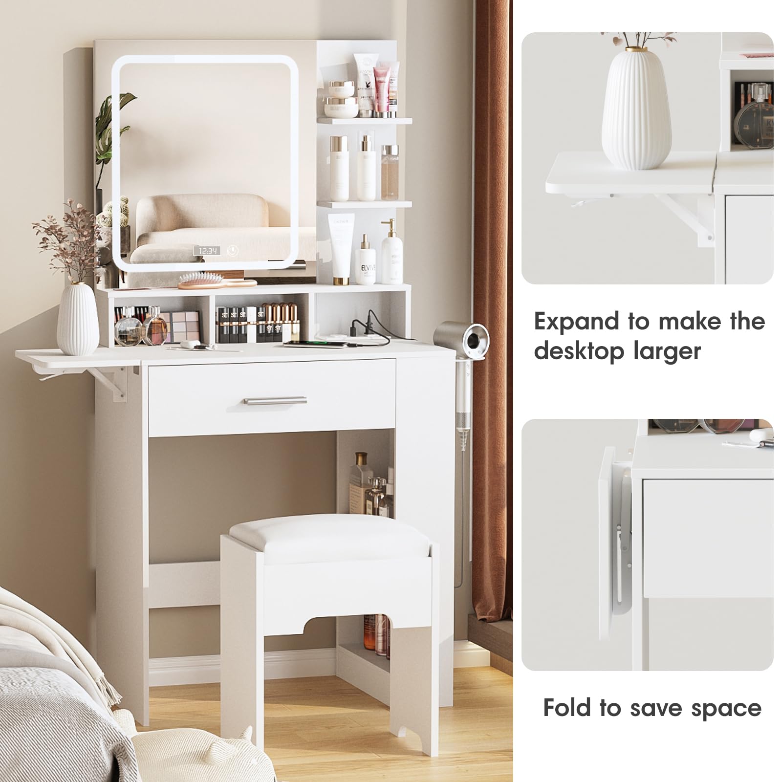 Fameill Small Vanity Desk with Mirror & LED Lights, White Makeup Vanity Table with Drawer, Storage Shelves, USB Charging Station & Digital Clock - Includes Vanity Chair for Bedroom, Dressing Room & Apartment Decor