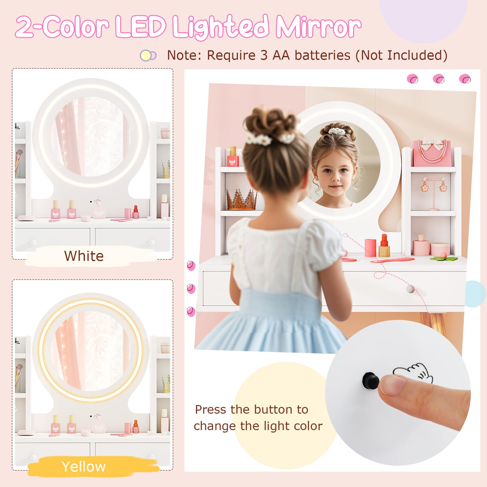 Costzon Kids Vanity Set with Mirror, Stool & LED Lights - Wooden Toddler Makeup Dressing Table with Storage Drawers & Shelves - Pretend Play Vanity Desk & Chair for Girls (White) - Perfect for Birthday Gifts, Bedroom Decor & Role Play Activities