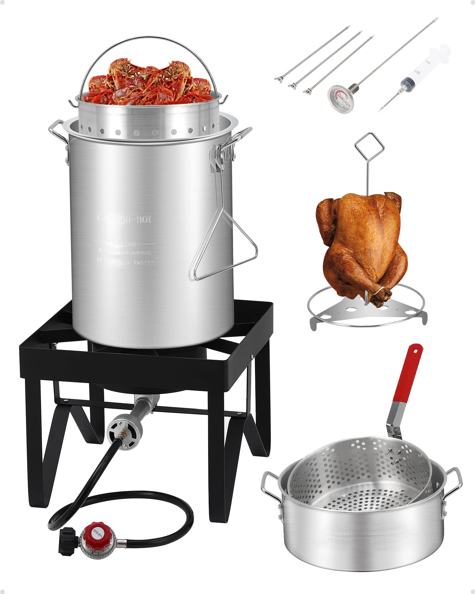 30QT + 10QT Turkey Fryer Propane Burner Kit [54,000 BTU] with Seafood Boil Pot & Basket - Outdoor Cooking Equipment for Thanksgiving, Camping, Backyard BBQs - 13 Inch Black