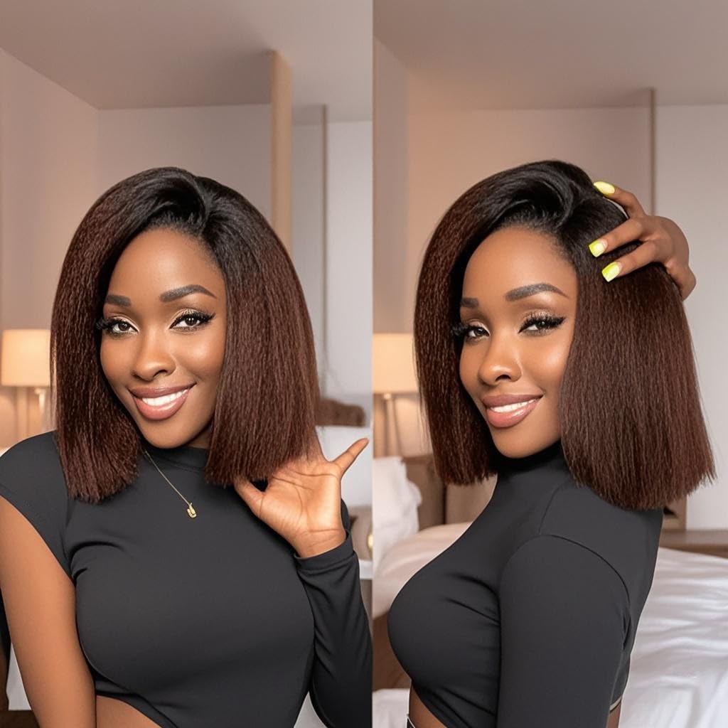 13x6 Yaki Straight Lace Front Wig - Ombre Brown Kinky Straight Short Bob Human Hair Wig for Women | Brazilian Virgin Yaki Human Hair | Blunt Cut Bob with Pre-Plucked Baby Hair (12 Inch) | Perfect for Daily Wear, Cosplay & Special Occasions