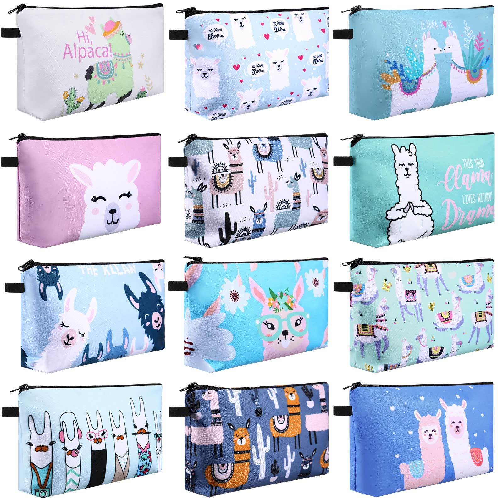 12-Piece Waterproof Cosmetic Makeup Bags Set - Printed Roomy Toiletry Organizer with Zipper - Beauty Travel Accessories for Women (Multicolor, Alpaca Style) - Perfect for Travel, Gym & Daily Makeup Storage