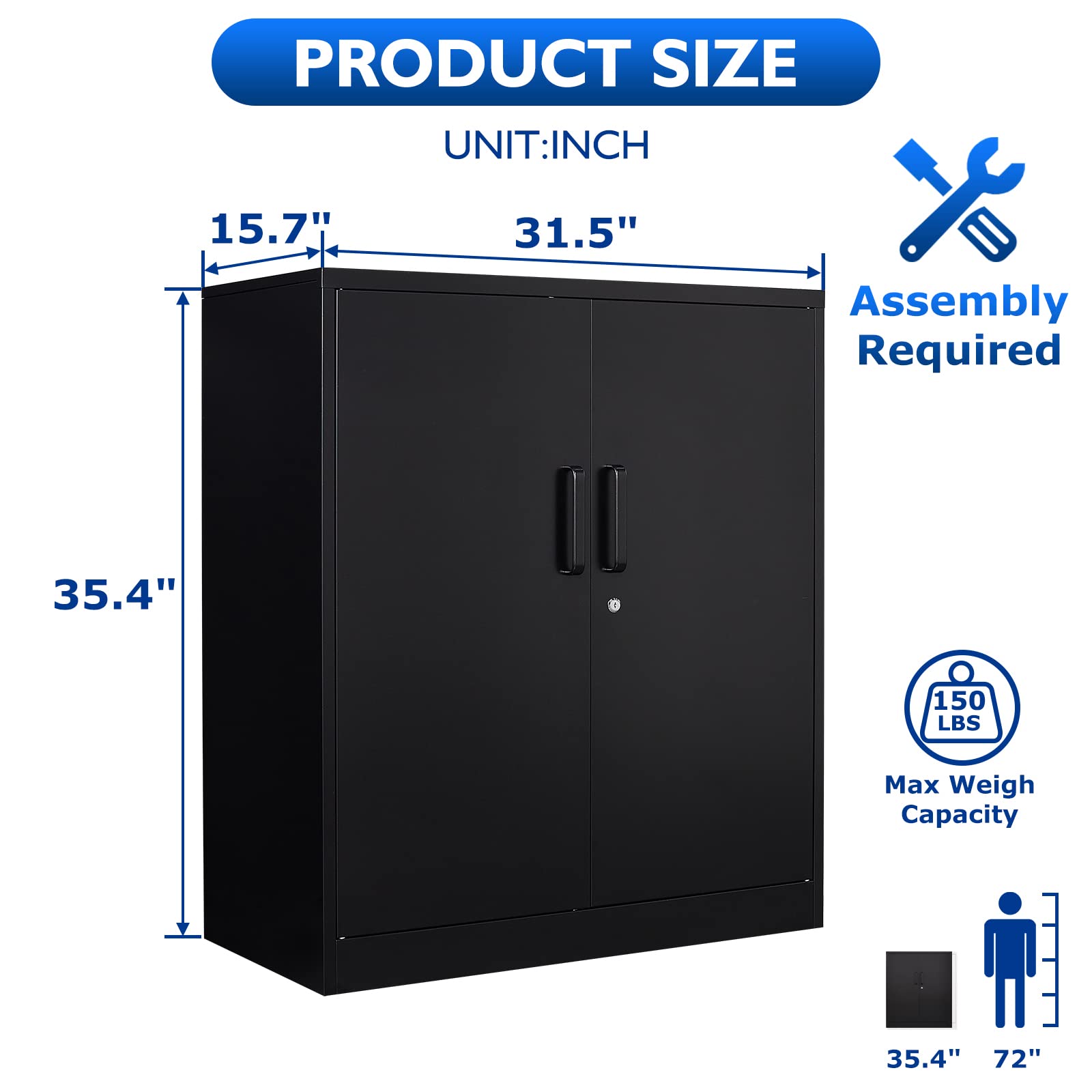 Lockable Metal Storage Cabinet with 2 Adjustable Shelves - Black Steel Office & Tool Cabinet for Home, Garage, Hallway | Secure Storage for Documents, Tools & Supplies