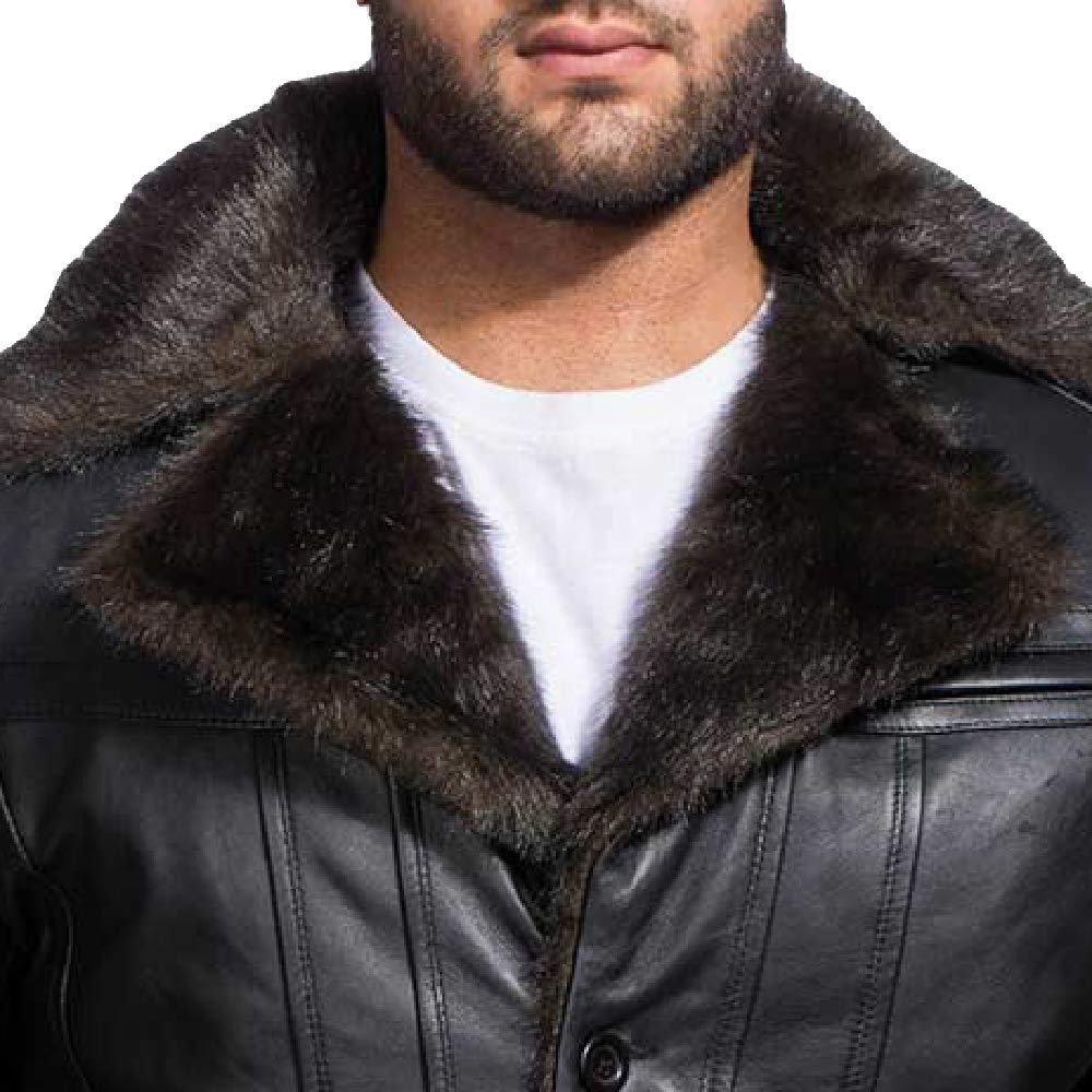 The Jacket Maker Furcliff Men's Black Leather Faux Fur Coat | Warm Sheepskin Style Winter Jacket for Men | Stylish Faux Fur Lined Coat for Cold Weather & Outdoor Activities