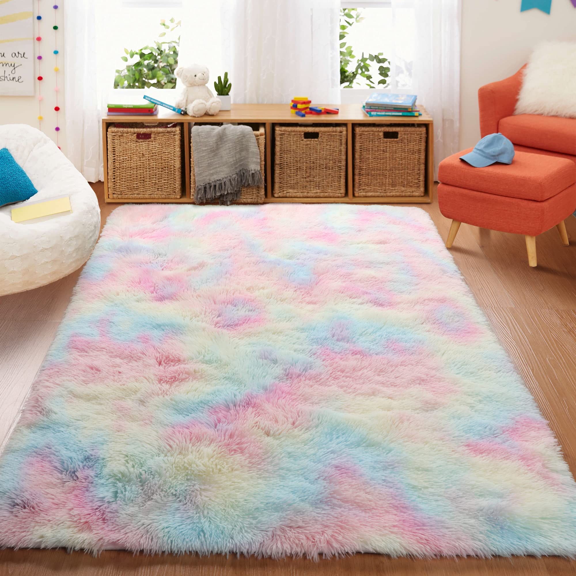 **BSTLUV 8x10 Fluffy Rainbow Rugs for Girls Bedroom - Shaggy Plush Carpet, Super Soft Large Area Rug for Living Room, Nursery, Playroom, Kids & Baby Room Decor - Perfect for Cozy Playtime & Stylish Home Decor**
