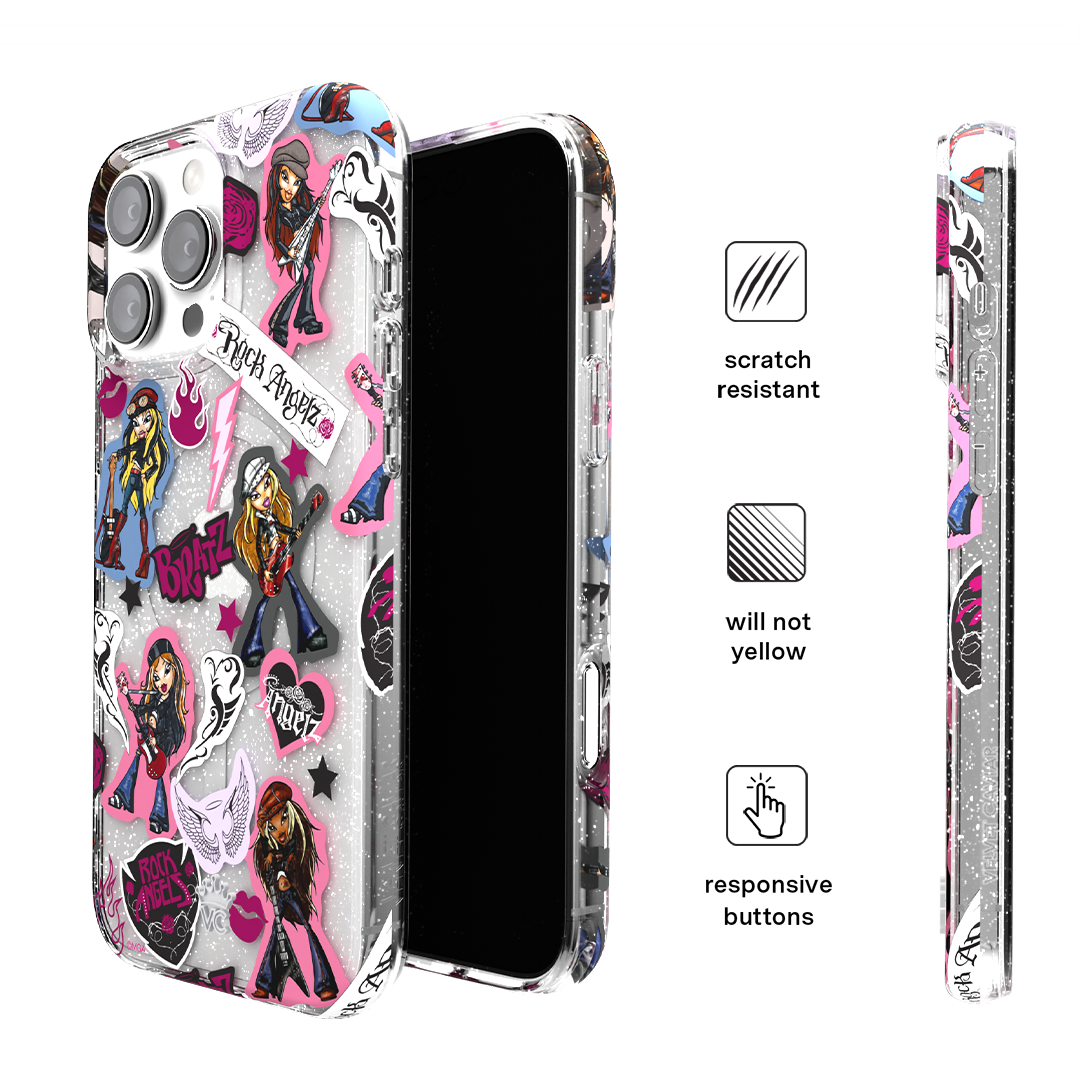 Bratz Rock Angelz Glitter iPhone Case - Stylish Protective Cover for iPhone 13/14/15 Pro Max - Trendy Sparkle Design for Girls & Teens - Perfect for School, Parties & Daily Use