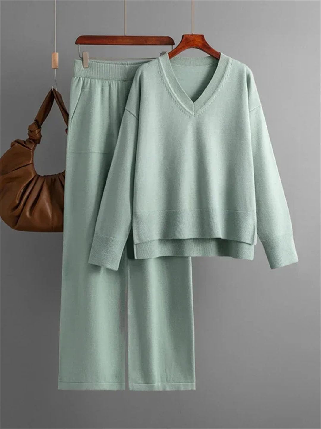 Women's Knitted Sweater 2-Piece Set - Winter Warm V-Neck Pullover & Straight Leg Jogging Pants Outfit | Cozy Lounge Wear for Home, Office & Casual Outings