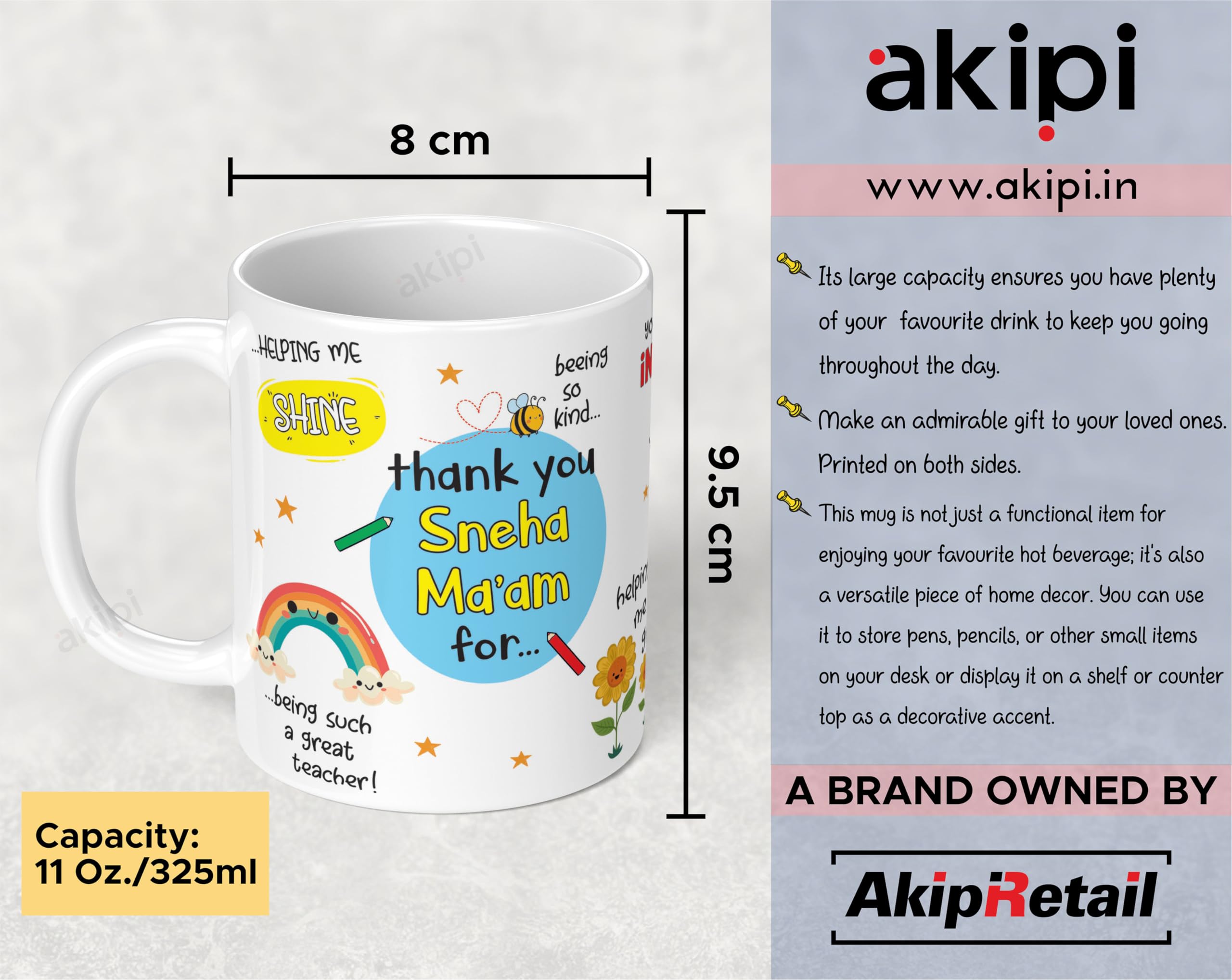 Personalized Thank You Teacher Mug with Name - Best Teacher Appreciation Gift - 11oz Ceramic Coffee & Tea Cup - Ideal for Teacher's Day, End of Year, Retirement - Akipi ARM677 (Ma'am/Sir)