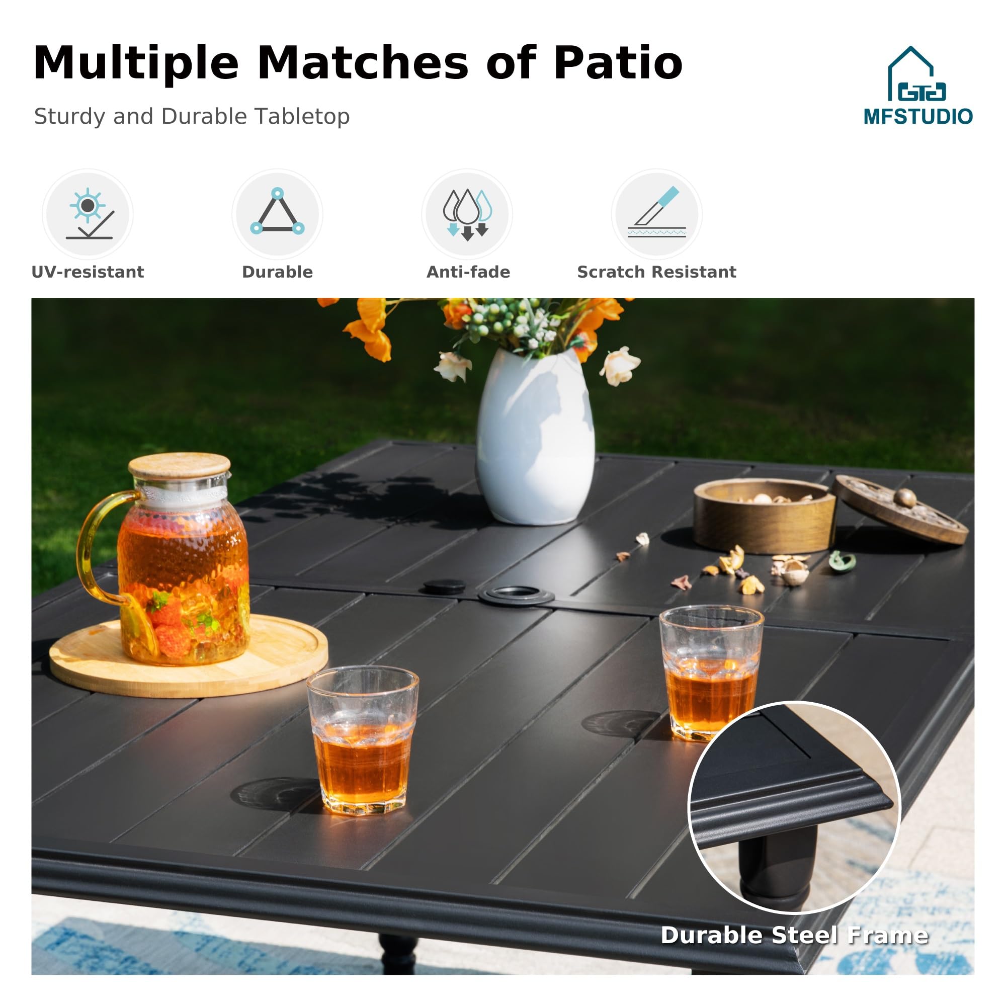 MFSTUDIO 60 Inch Large Black Metal Outdoor Dining Table - Rectangle Patio Table with 1.77