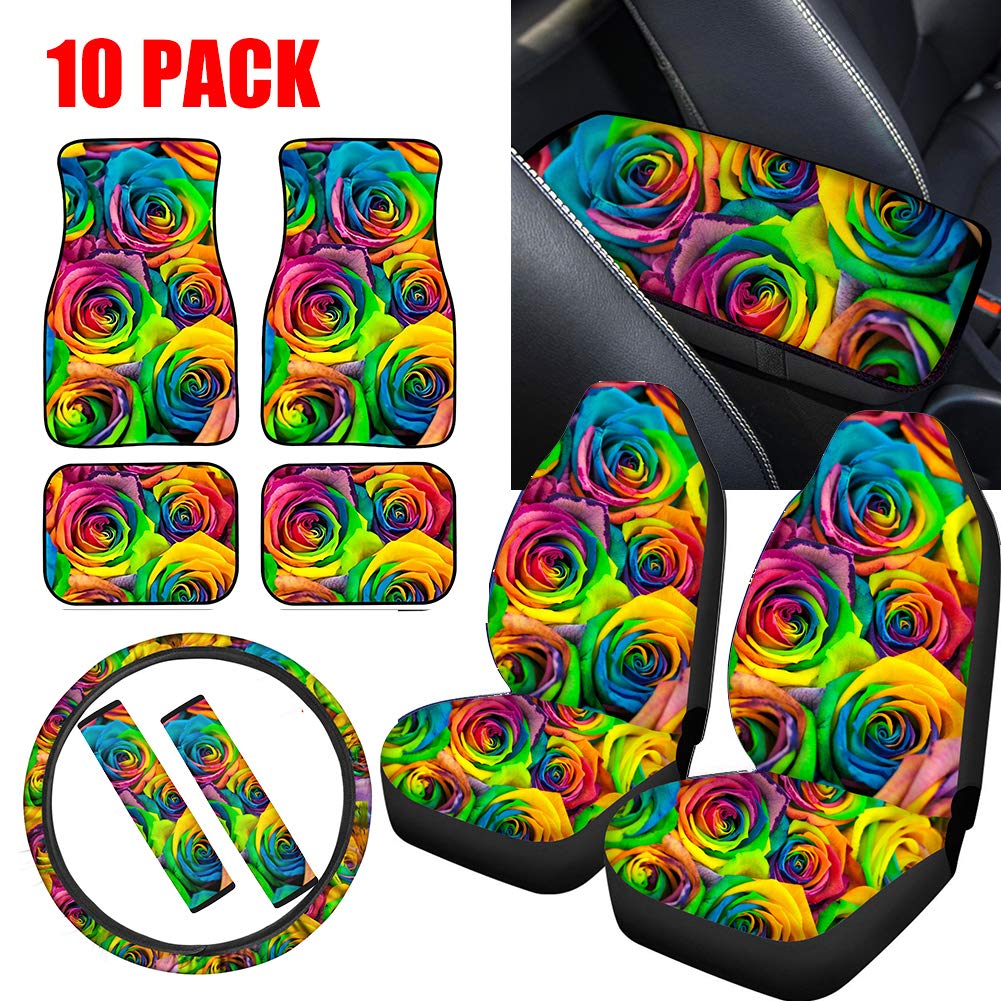 Rainbow Rose Floral Car Seat Covers Full Set - 10pc Universal Fit Combo with Front Seat Protectors, Floor Mats, Steering Wheel Cover & Accessories | Perfect Women's Gift for Cars, SUVs & Trucks | Great for Daily Commute, Road Trips & Interior Protection