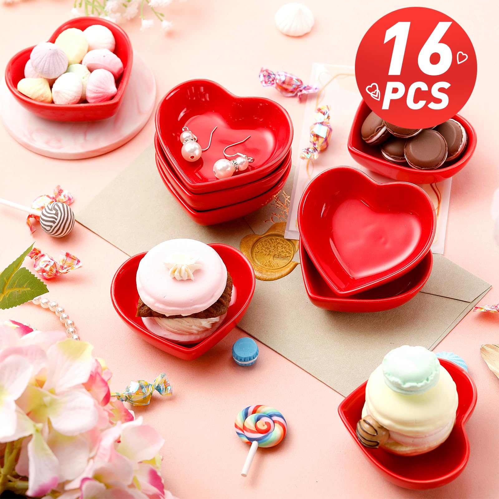 Zopeal 16 Pcs Heart Shaped Ceramic Bowls - Valentine's Day Candy Dishes, Red Love Sauce Plates, Multipurpose Serving Bowls for Candy, Sushi, Dipping & Seasoning | Perfect for Birthday Parties, Romantic Dinners & Holiday Gatherings