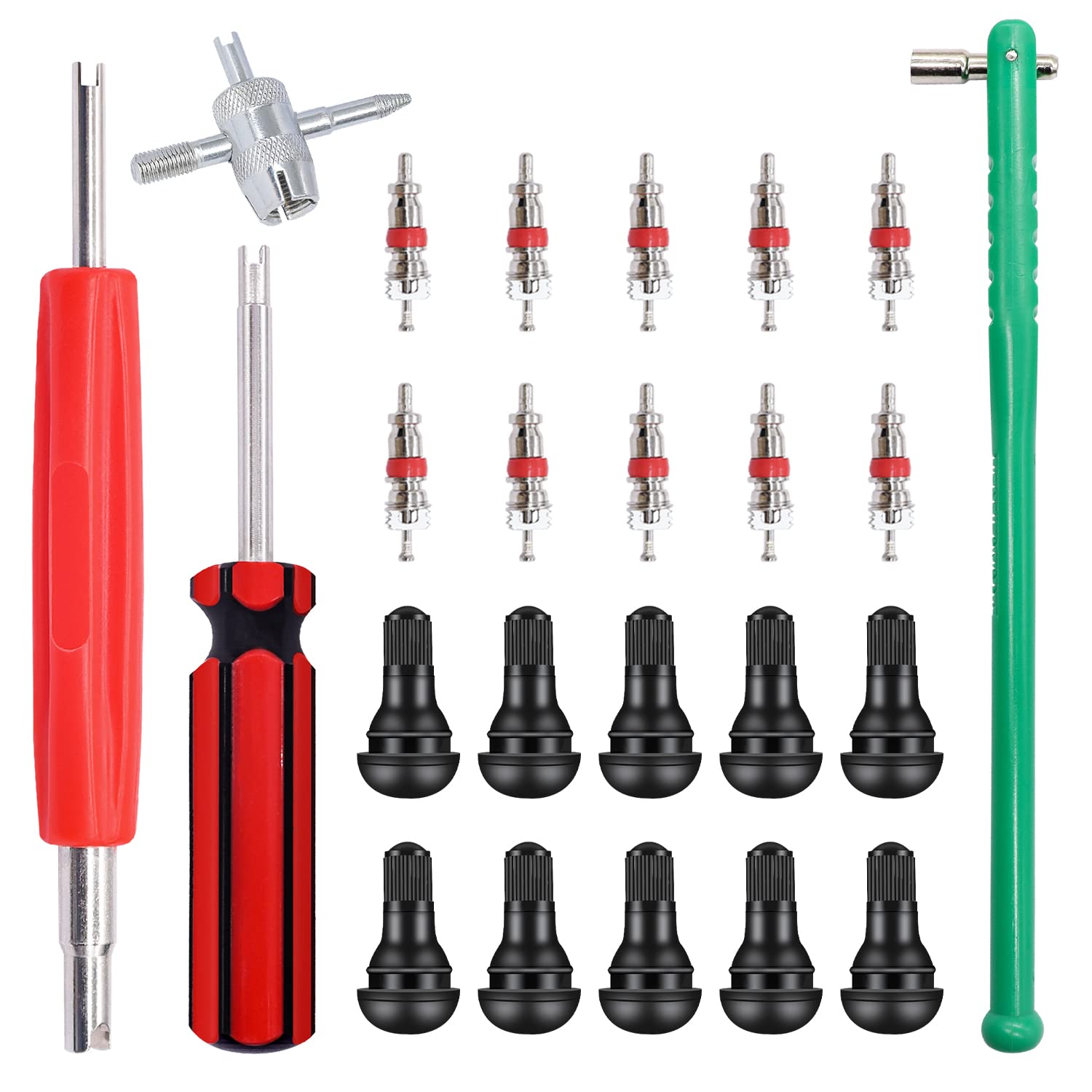 10PCS Tire Valve Stem Puller & Installer Tool Kit - Includes TR412 Valve Stems, Valve Cores, 4-Way Tool & Core Remover for Car, Bike, Motorcycle Tire Repair - Perfect for Mechanics & DIY Auto Maintenance