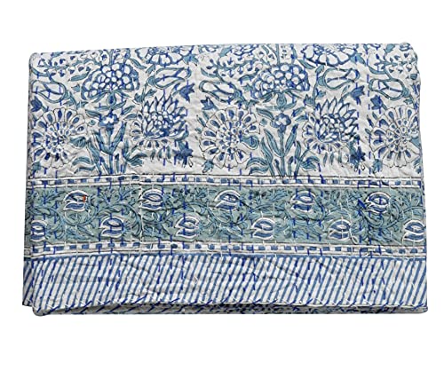 YUVANCRAFTS Indian Hand Block Print Kantha Quilt - 100% Cotton Throw Blanket & Bedspread - Queen Size (90x108 Inches) - White - Perfect for Home Decor, Bedroom & Living Room