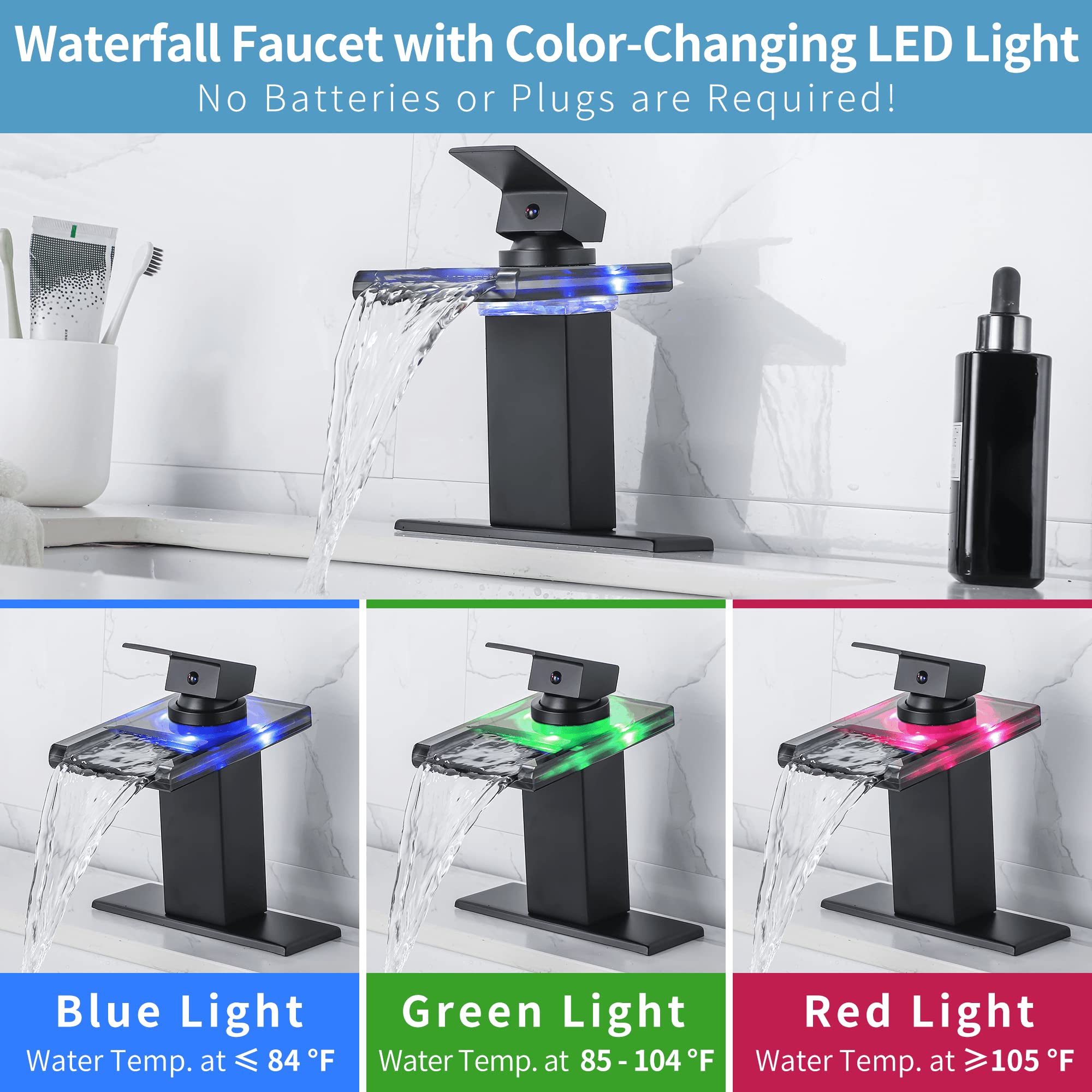 Matte Black LED Bathroom Sink Faucet - Single Hole or 4 Inch Centerset Waterfall Faucet with Temperature-Sensitive Lights & Glass Spout (Includes Deck Plate) - Perfect for Modern Bathrooms, Spa-Like Showers & Luxury Home Decor