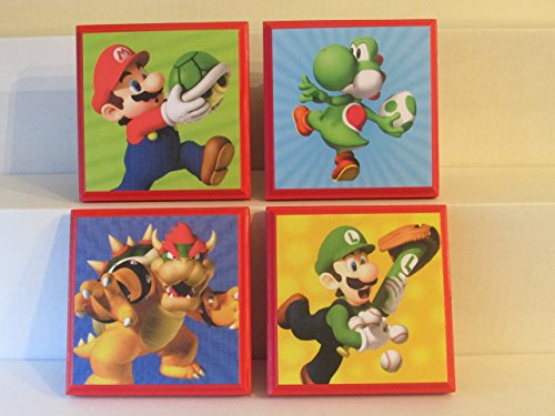 Super Mario Bros Wall Decor Set - 4 Piece Red Mario & Luigi Room Plaques for Boys Bedroom - Video Game Themed Wall Signs - Perfect for Kids Room, Gaming Room, and Birthday Party Decorations