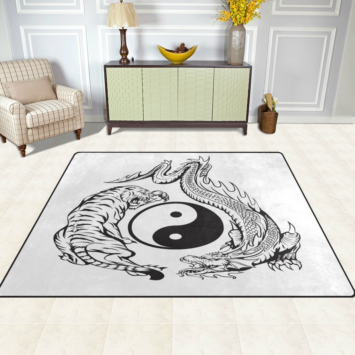 ALAZA Dragon vs Tiger Yin Yang Area Rug - Traditional Chinese Design Non-Slip Living Room & Bedroom Carpet 5'3