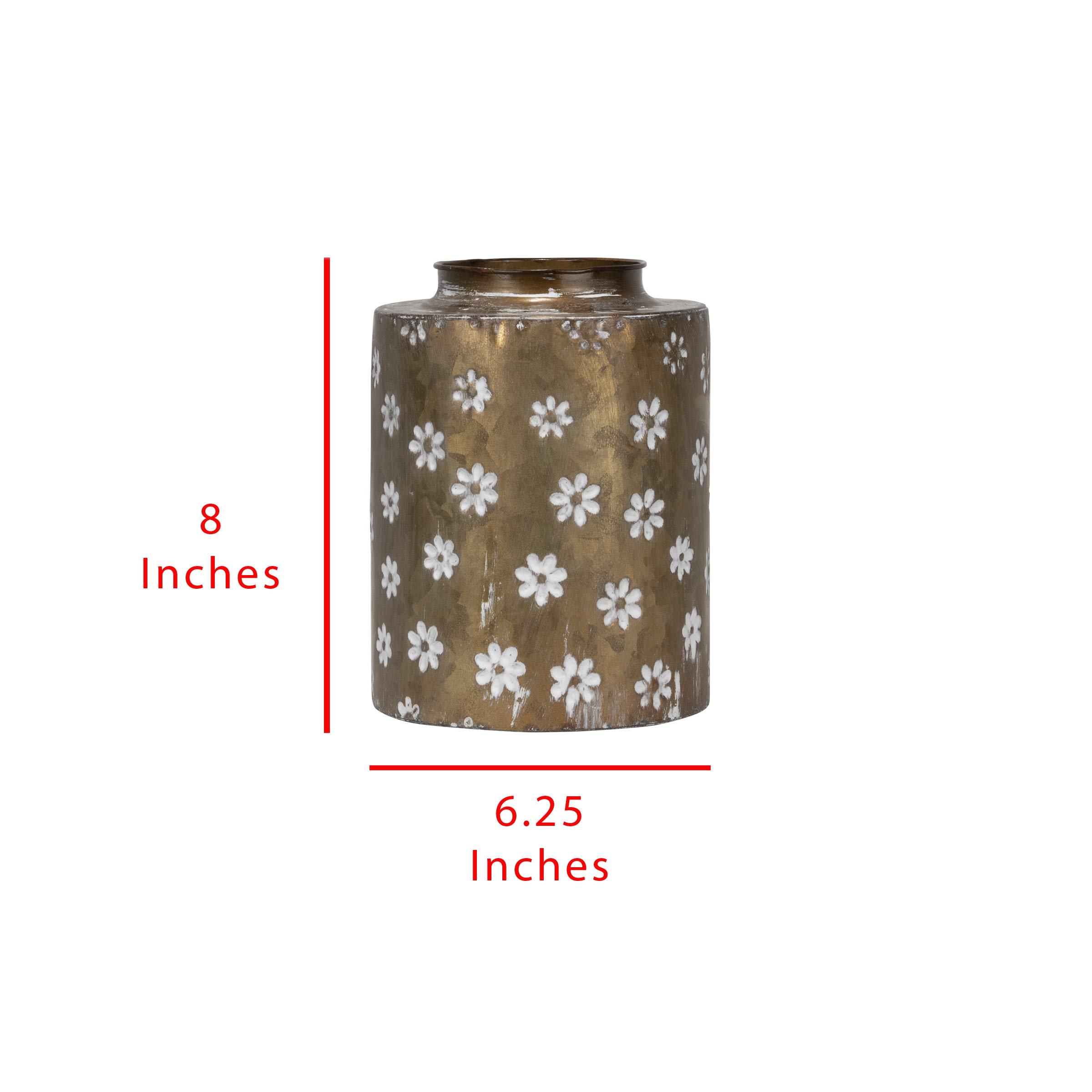 Rustic Whitewashed Floral Galvanized Metal Decorative Vase - Medium Brass Farmhouse Style Home Decor for Living Room, Bedroom, or Wedding Centerpiece