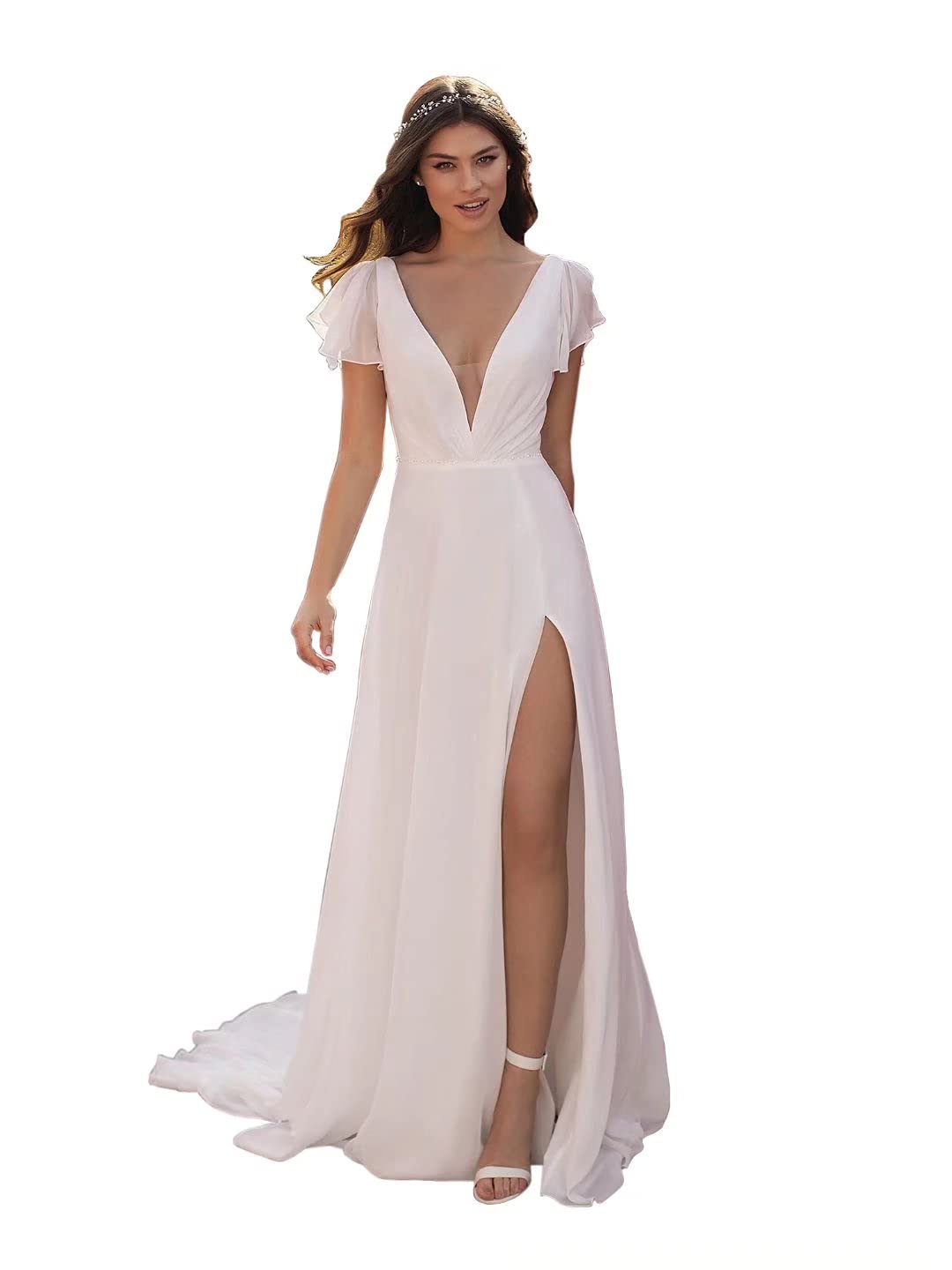 Elegant Mermaid Wedding Dress - Satin Sweep Train V-Neck Backless Beach Bridal Gown for Romantic Beach Weddings & Destination Ceremonies