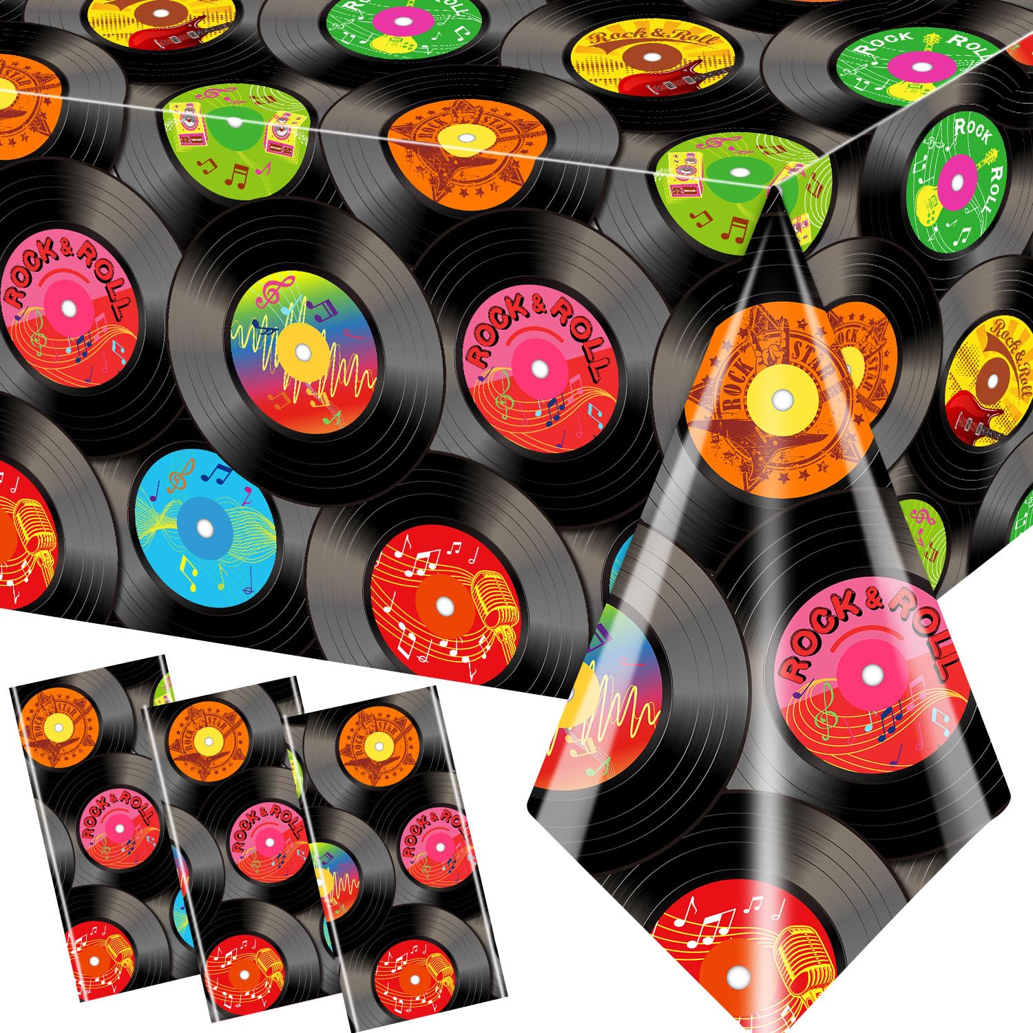Vintage 1950s Rock and Roll Party Tablecloth Set - 3 Pack Plastic Record-Themed Table Covers for 50s Music Birthday Party, DJ Events & Retro Decorations - Perfect for Themed Parties, Diner Decor, and Rock Music Celebrations