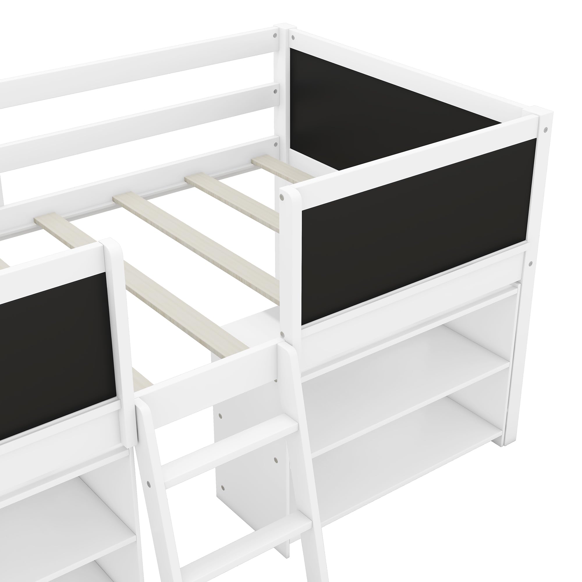 Harper & Bright Designs White Wooden Low Twin Size Kids Loft Bed with Movable Shelves, Storage Ladder & Chalkboard Guardrail - Space-Saving Bed Frame for Boys & Girls - Perfect for Small Bedrooms, Dorm Rooms & Kids' Rooms