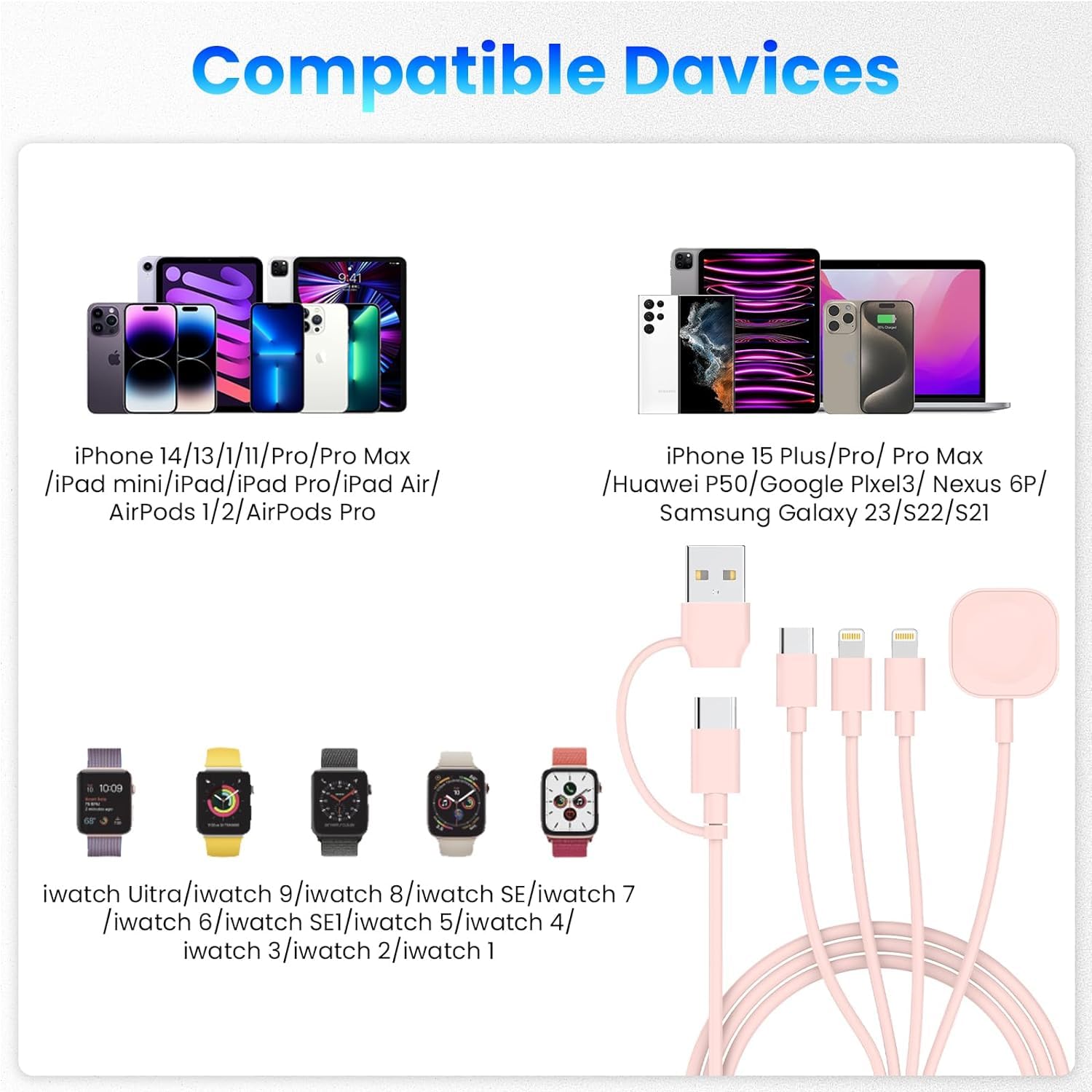 6-in-1 Magnetic Charging Cable 3M - Universal Fast Charger for Apple Watch Ultra/SE/9/8/7/6/5/4/3/2/1, iPhone 15/14/13/12/11, Samsung Galaxy & Google Pixel - Pink USB A/C Portable Travel Charger for Home, Office & Car Use