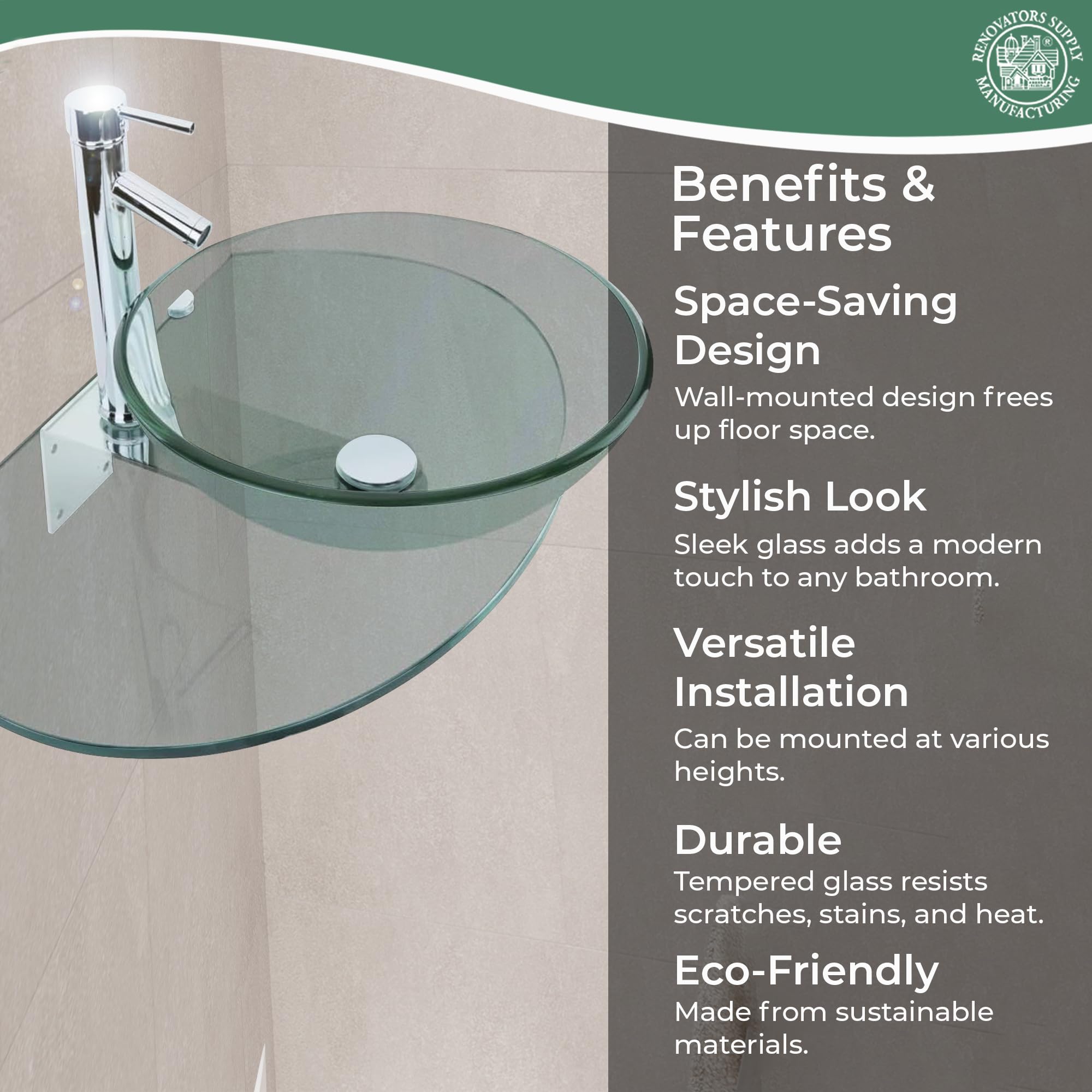 Corona 16 1/4 Inch Tempered Glass Wall Mount Bathroom Vessel Sink with Chrome Faucet & Drain - Round Wall Hung Sink for Modern Bathroom Renovation | Perfect for Small Bathrooms, Powder Rooms & Vanity Makeovers