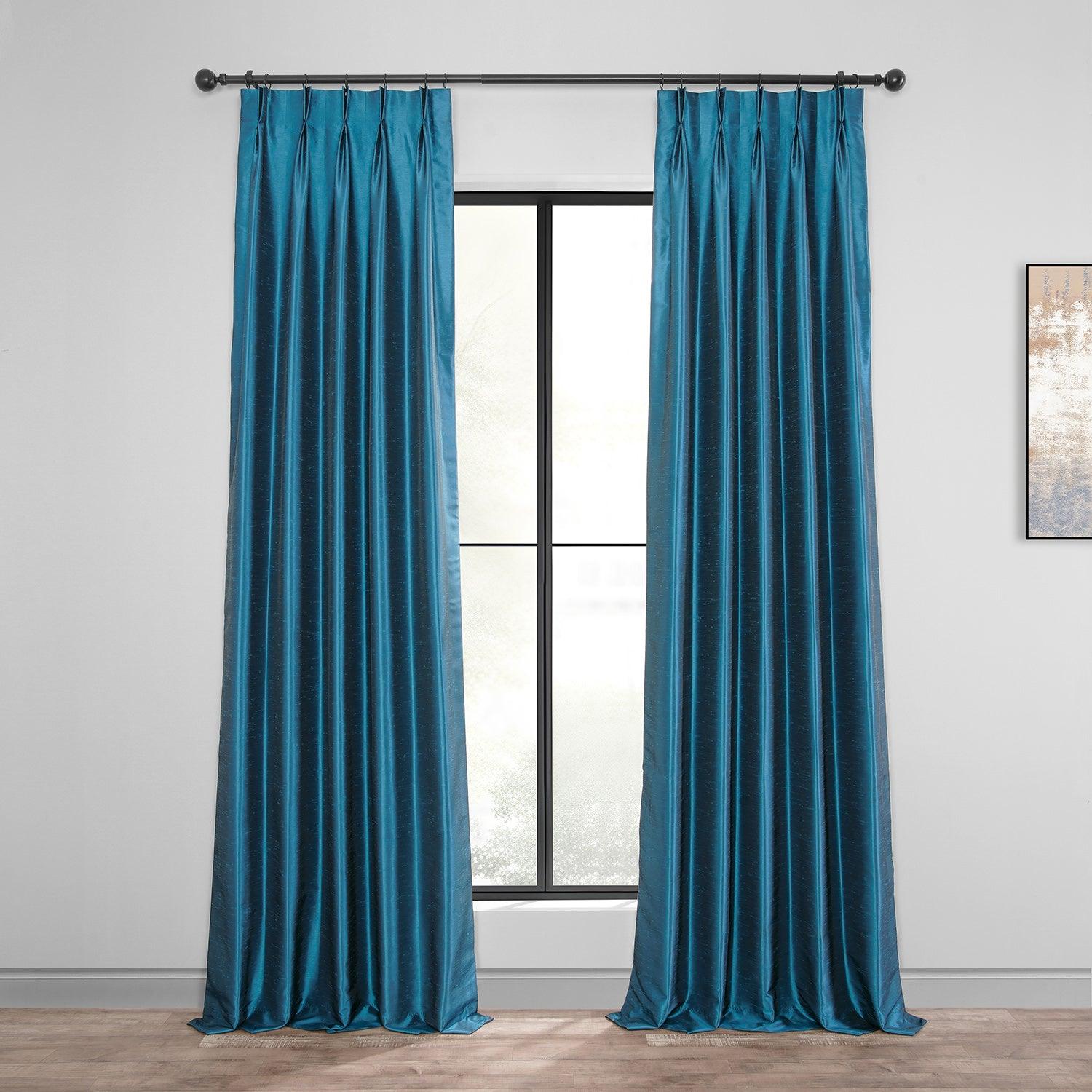 Oceanside Blue French Pleat Vintage Textured Faux Dupioni Silk Blackout Curtains - Elegant Window Treatment for Bedroom & Living Room, Light Blocking & Noise Reducing