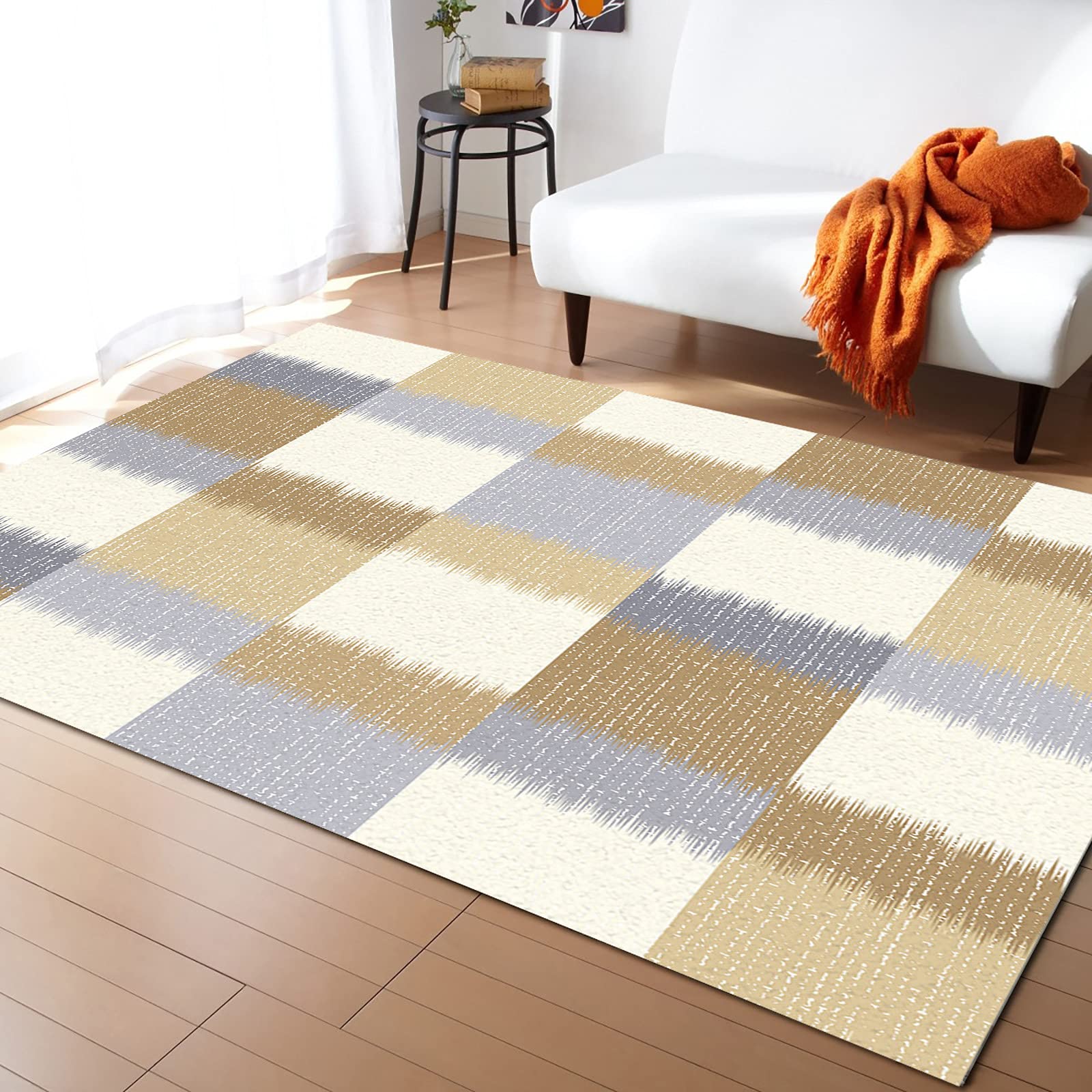 4'x7' Abstract Beige Plaid Area Runner Rug - Modern Washable Carpet for Indoor/Outdoor Use - Perfect for Kitchen, Living Room, Bathroom, Bedroom, Classroom & Laundry Room - Non-Slip Doormat & Welcome Mat with White Backing