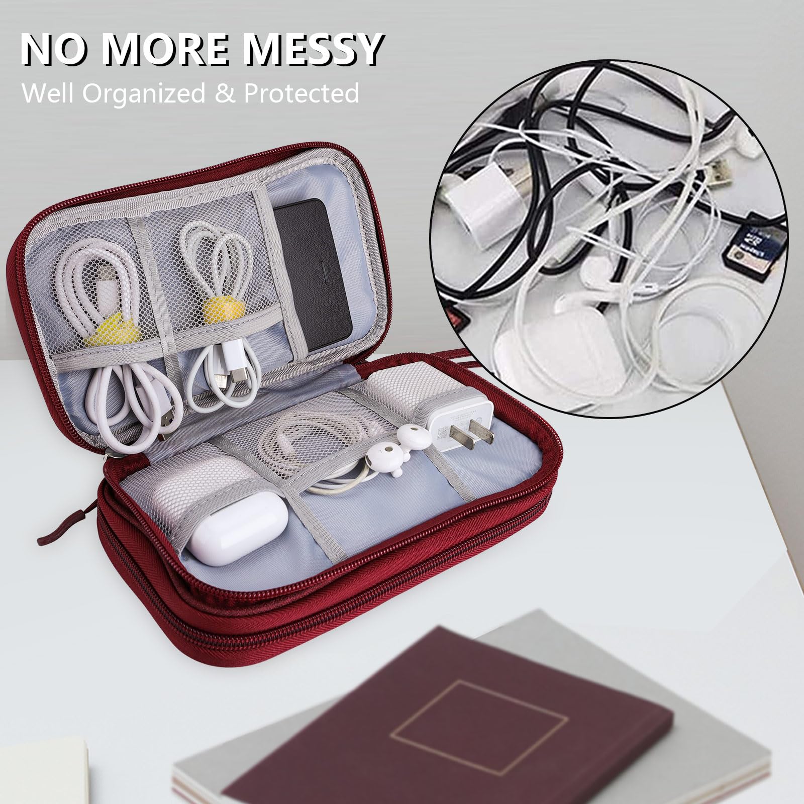 Teskyer Waterproof Travel Organizer Bag for Electronics & Cables - 8.5 x 5 Inch Wine Red Travel Accessories - Perfect for Business Trips, Vacations & Daily Commute (Men & Women)