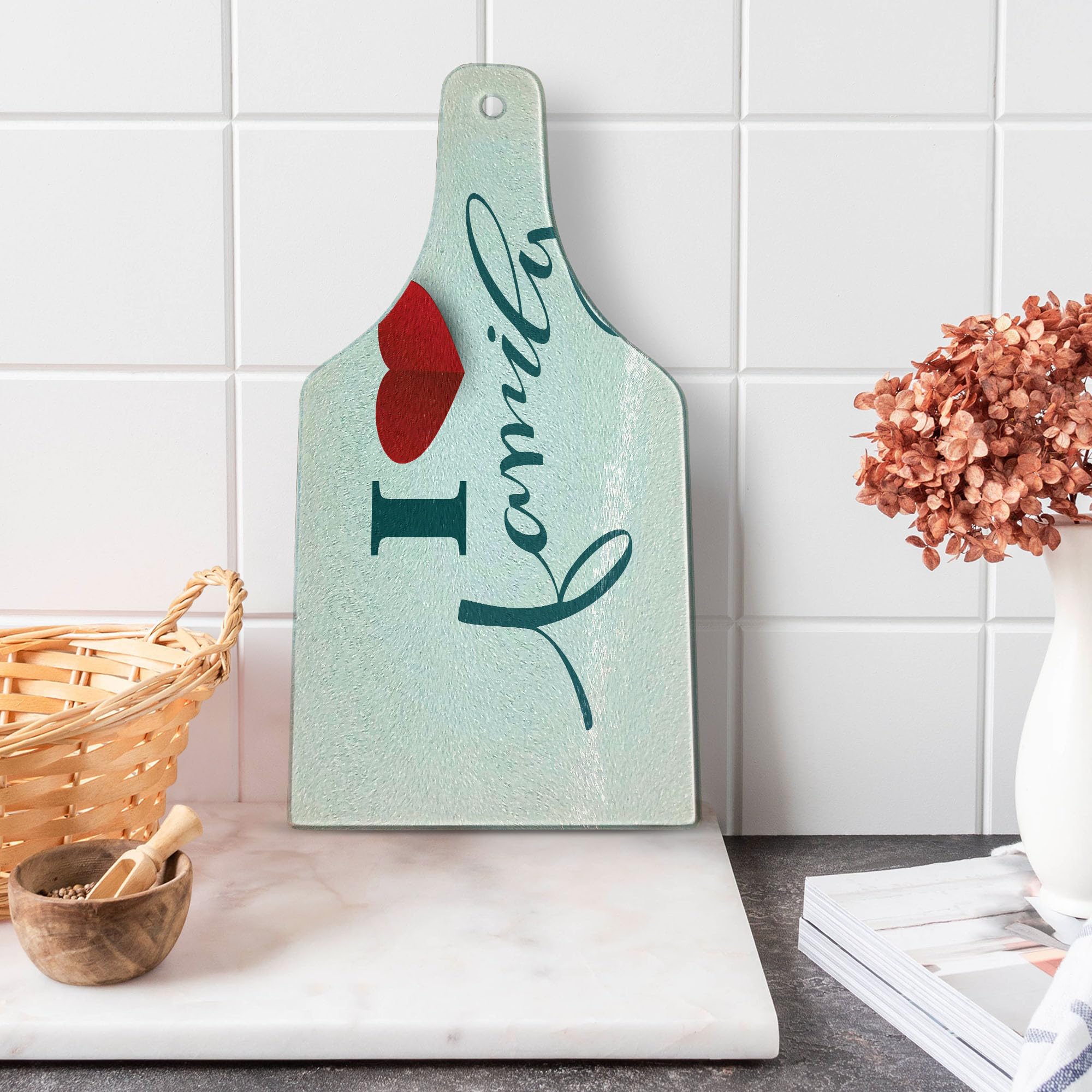 Ambesonne Family Themed Tempered Glass Cutting Board - Love & Family Design with Red Heart Handwriting, Modern Typography - Decorative Serving Board for Kitchen, Charcuterie & Entertaining - Wine Bottle Shape in Slate Blue, Red & White Colors - Perfect for Gifts, Dinner Parties & Home Decor