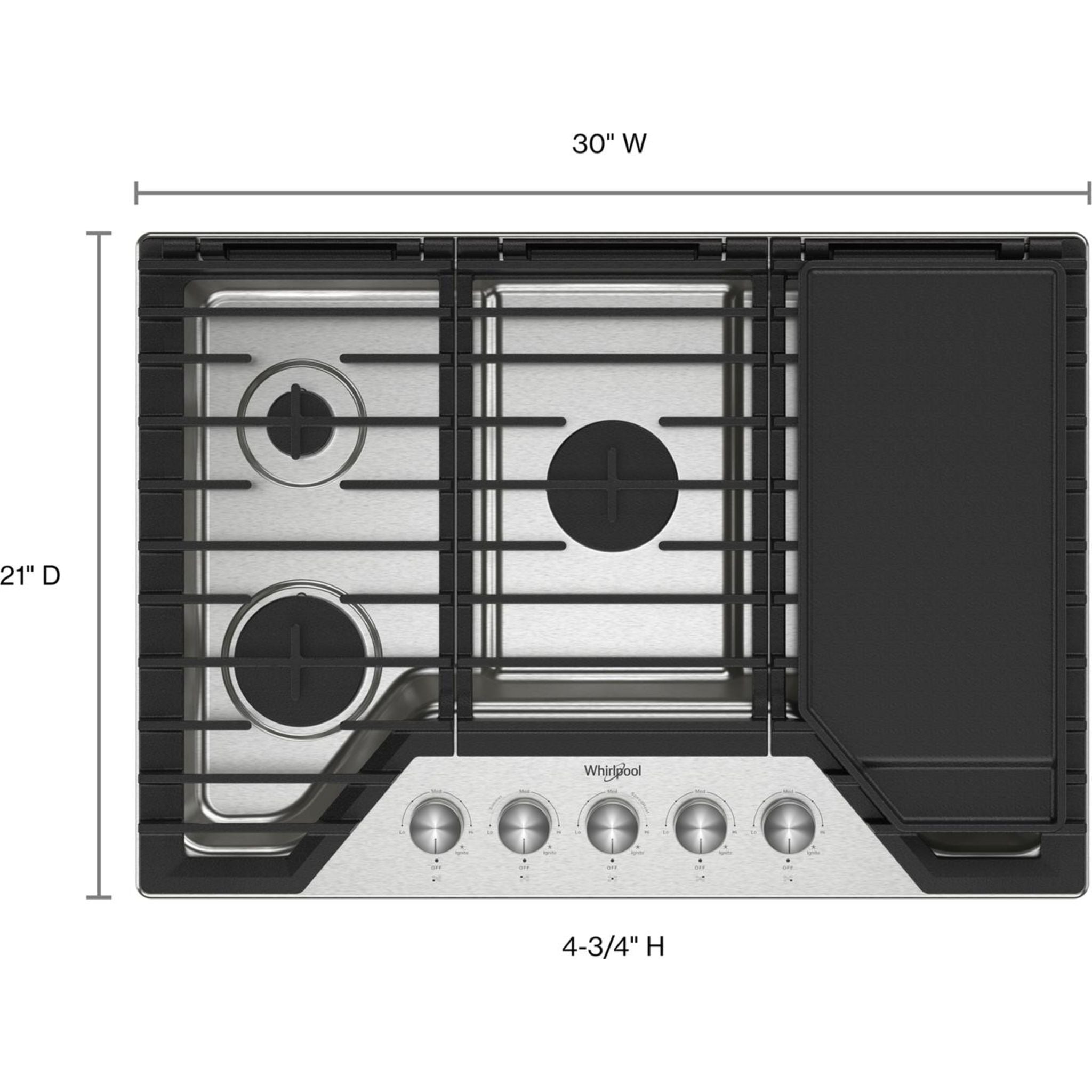Whirlpool 30 Inch Gas Cooktop - WCGK7530PS Stainless Steel Professional Range for Home Kitchen Cooking, Grilling & Baking