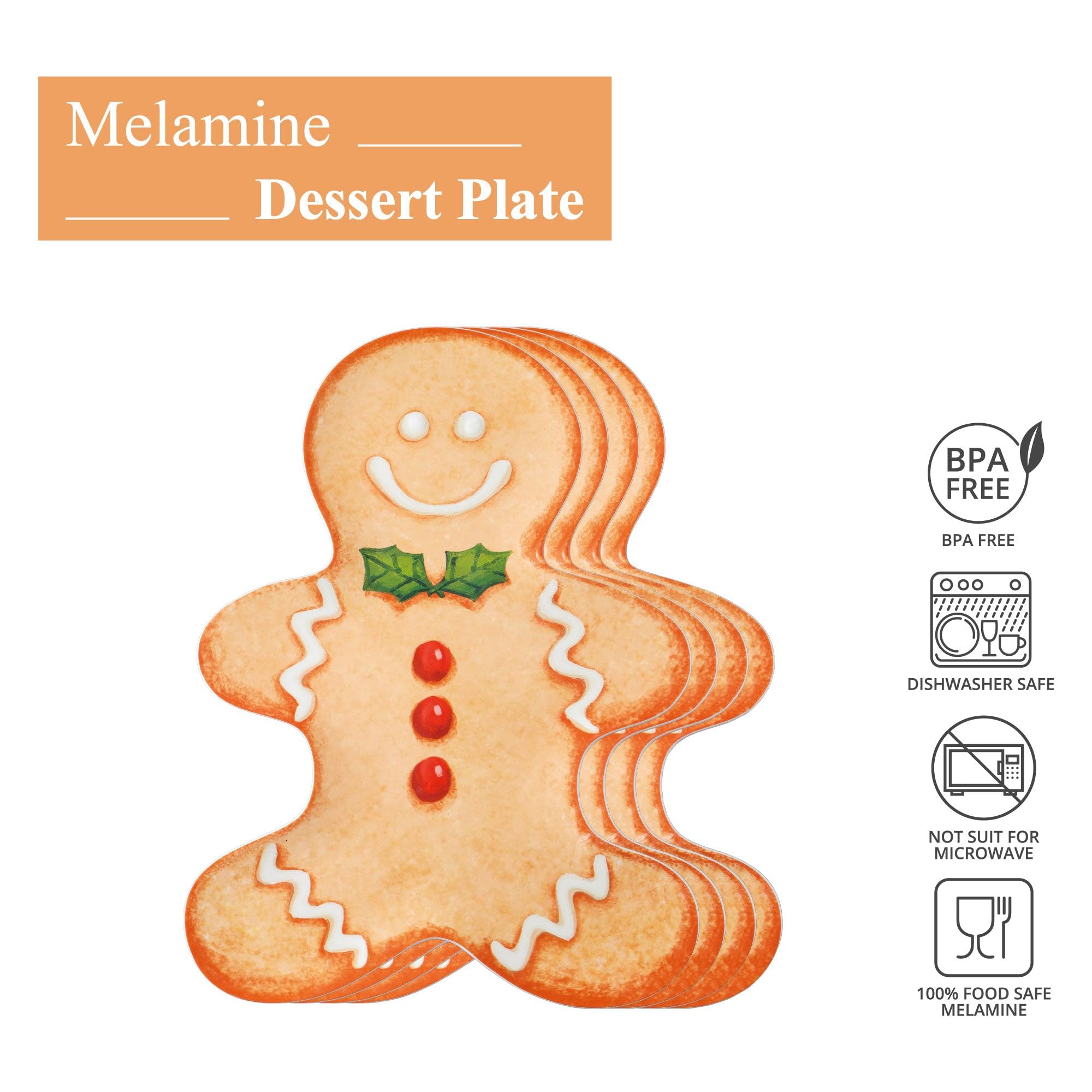 UPware 10 Inch Gingerbread Man Shaped Melamine Plates - Set of 4 Christmas Themed Salad, Appetizer & Dessert Plates for Holiday Parties, Cookie Decorating & Festive Dining