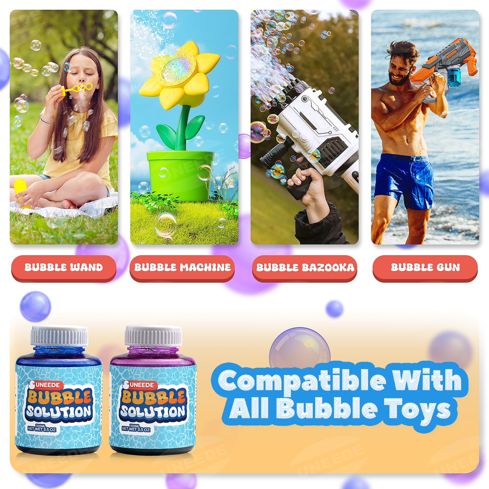 UNNEEDE Premium Bubble Solution Refill 2 Pack (200ml/7oz Each) - Non-Toxic Bubble Liquid for Bubble Machines & Bubble Toys - Vibrant Purple & Blue Bubbles for Kids Outdoor Play, Birthday Parties & Backyard Fun