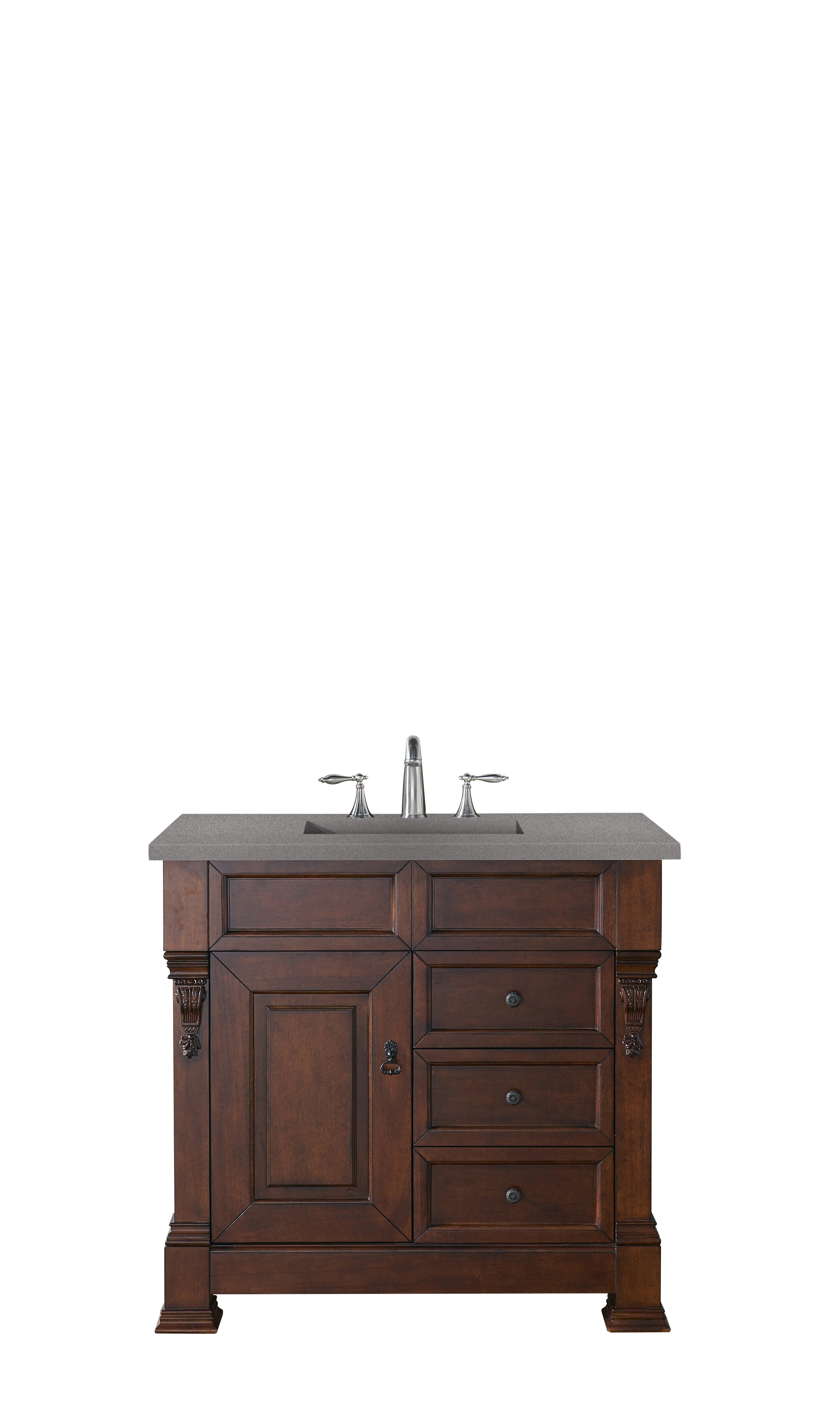 Brookfield 36 Inch Single Bathroom Vanity with Warm Cherry Finish & 3CM Grey Expo Quartz Countertop - Perfect for Modern Master Bathrooms and Guest Suites