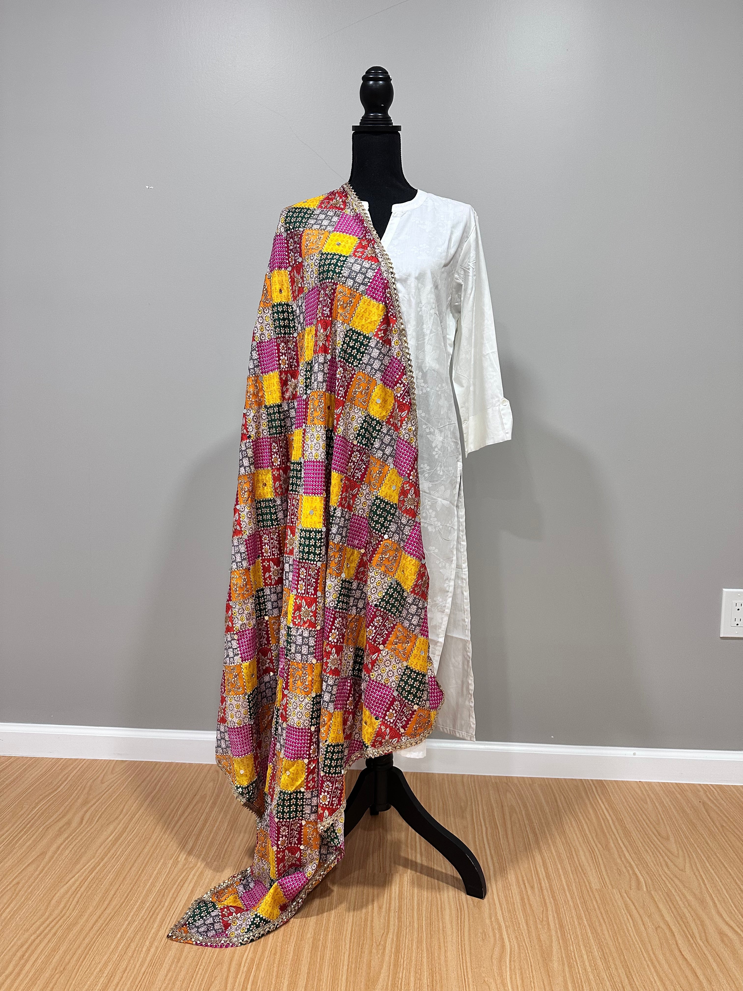 Colorful Phulkari Style Dupatta with Mirrors - Traditional Indian Scarf for Women - Perfect for Weddings, Festivals & Ethnic Outfits