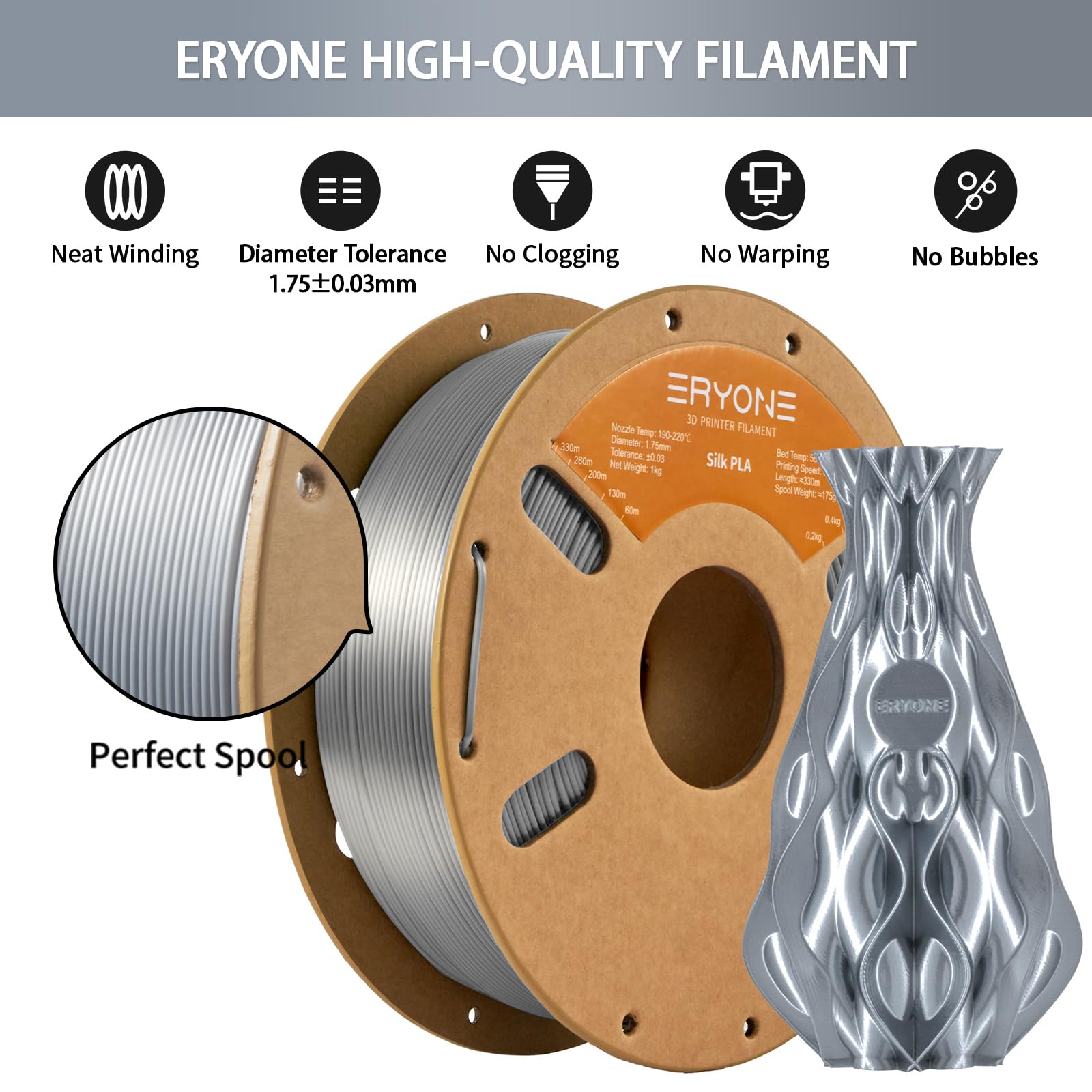 ERYONE Silk PLA 3D Printer Filament 1.75mm - Premium Silk Silver 1kg (2.2LBS) Spool for Smooth Printing - Perfect for Cosplay Props, Home Decor & DIY Projects
