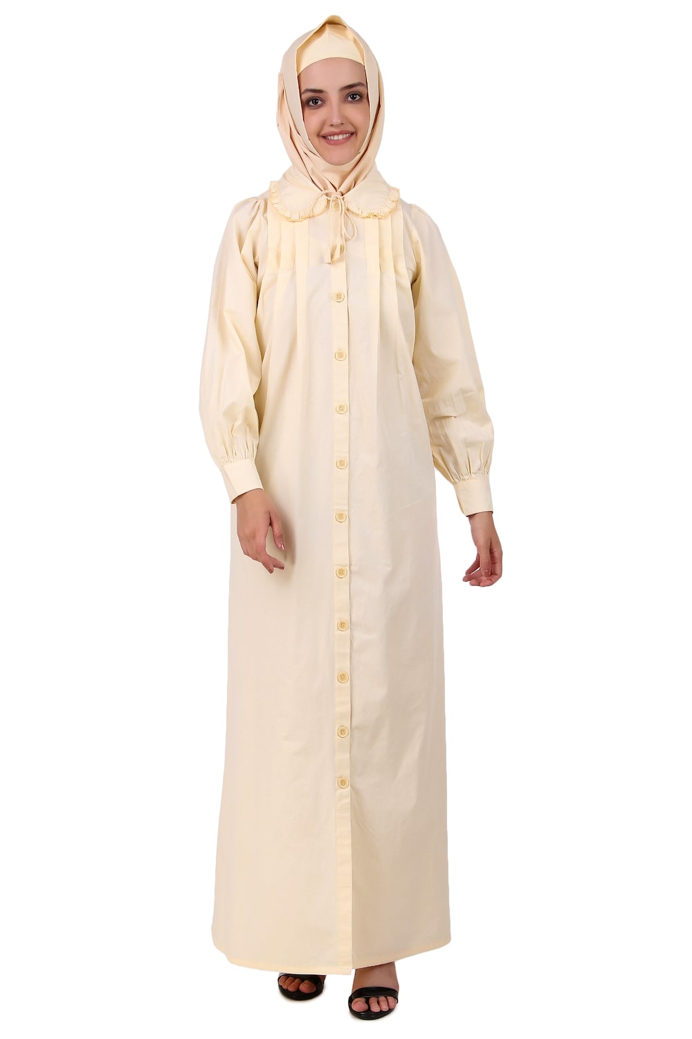 Front Open Cotton Cream Color Abaya - Modest Muslim Dress for Women - Perfect for Prayer, Mosque, and Everyday Wear