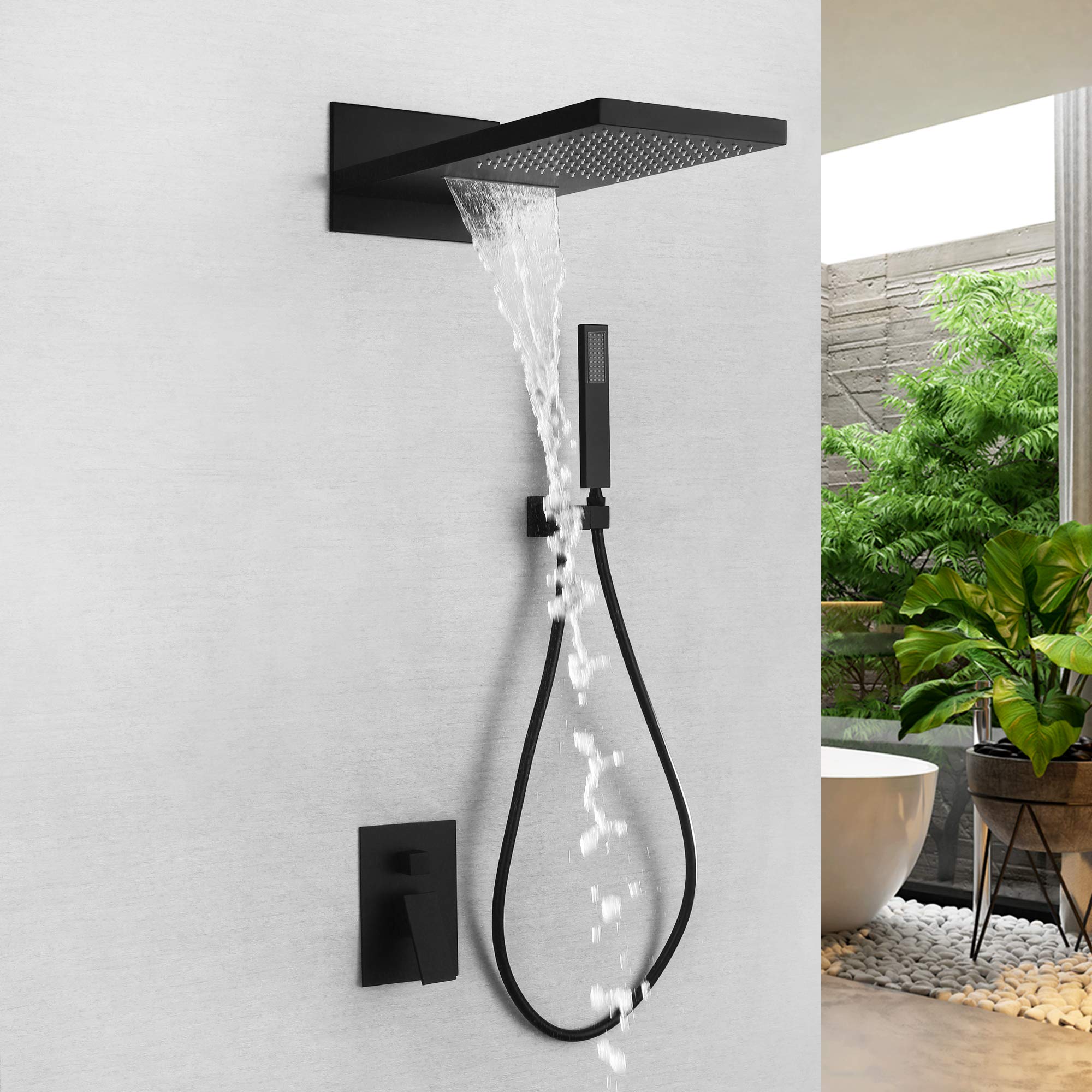 3-Way Waterfall Rain Shower System - Matte Black Wall Mount Shower Head with Handheld Sprayer for Luxurious Bathroom Experience | Perfect for Spa-Like Relaxation and Modern Home Decor