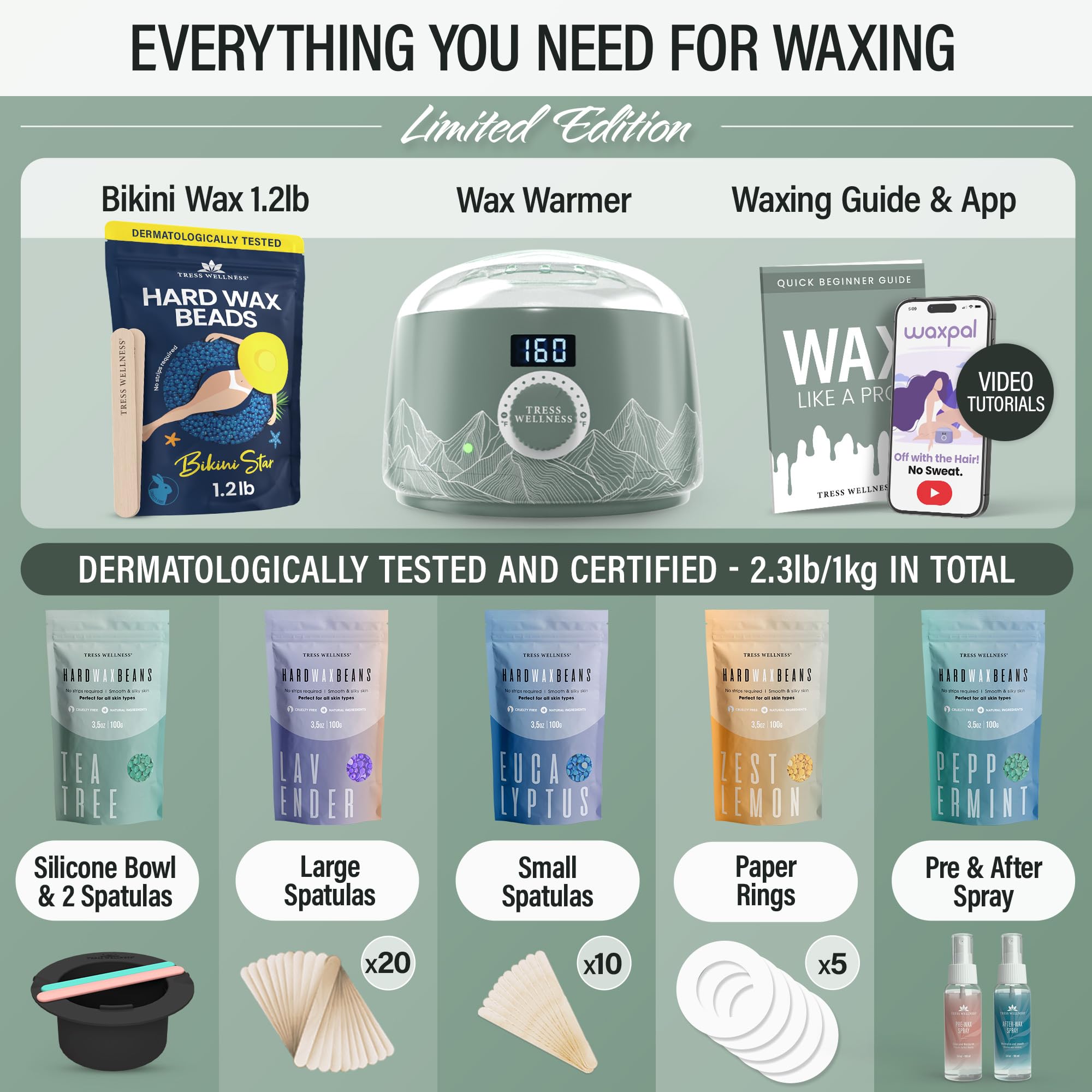Tress Wellness Green Warmer Kit & Silicone Waxing Bowl Set for Bikini Waxing - Professional At-Home Hair Removal Solution for Smooth Skin