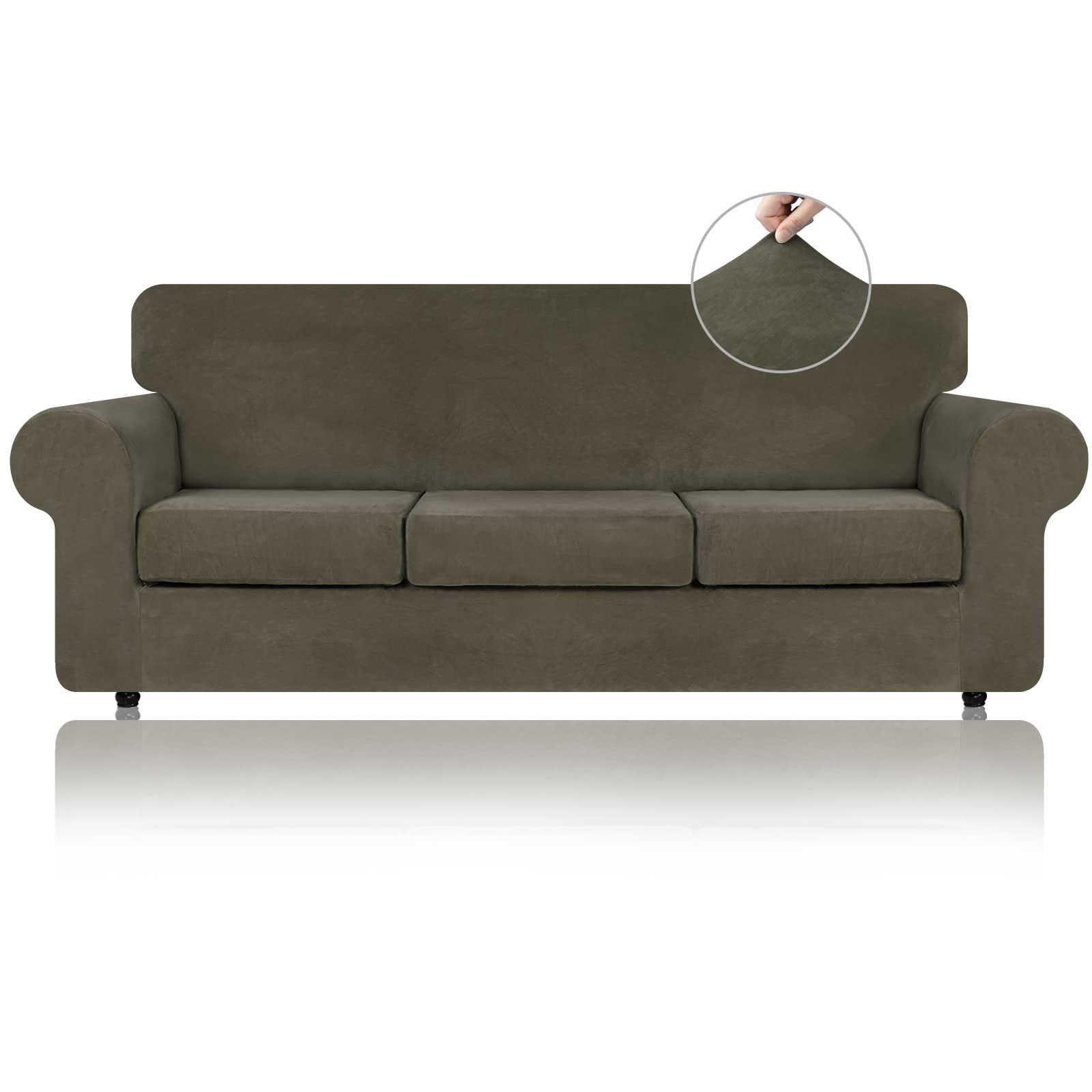 4-Piece Velvet Stretch Sofa Slipcover Set for 3-Cushion Couches - Soft Thick Plush Fabric, Non-Slip Elastic Bottom, Washable Furniture Protector (Light Brown, Large) - Perfect for Living Room, Family Room & Home Decor