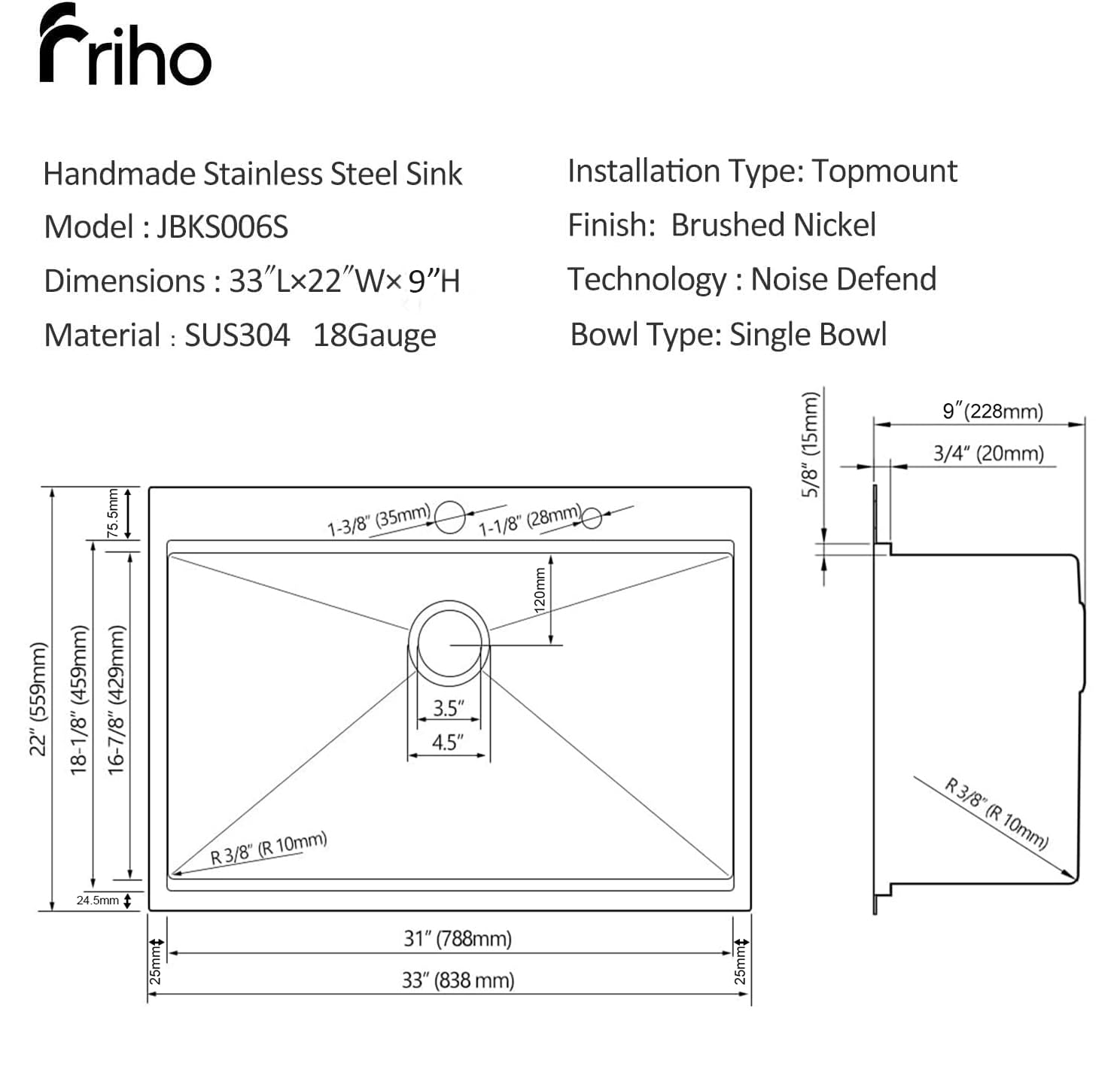 Friho 33x22 Inch Brushed Nickel Stainless Steel 16 Gauge Drop-In Kitchen Sink Workstation - Handmade Top Mount Single Bowl Sink with 5 Accessories | Perfect for Modern Kitchens, Remodeling & Small Spaces