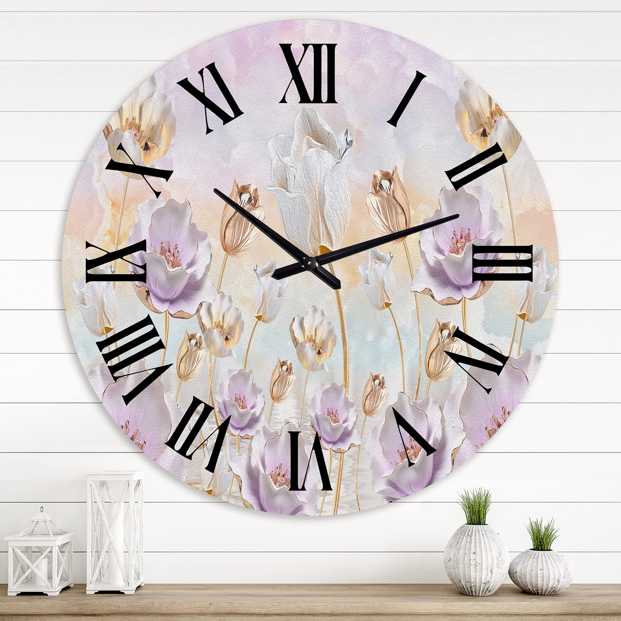 DesignQ Traditional Wall Clock 'Blossoming Flowers in Pastel Tones' - Large Floral & Botanical Wall Clock for Bedroom, Living Room, Office Decor - Silent Non-Ticking Home Décor with Roman Numerals