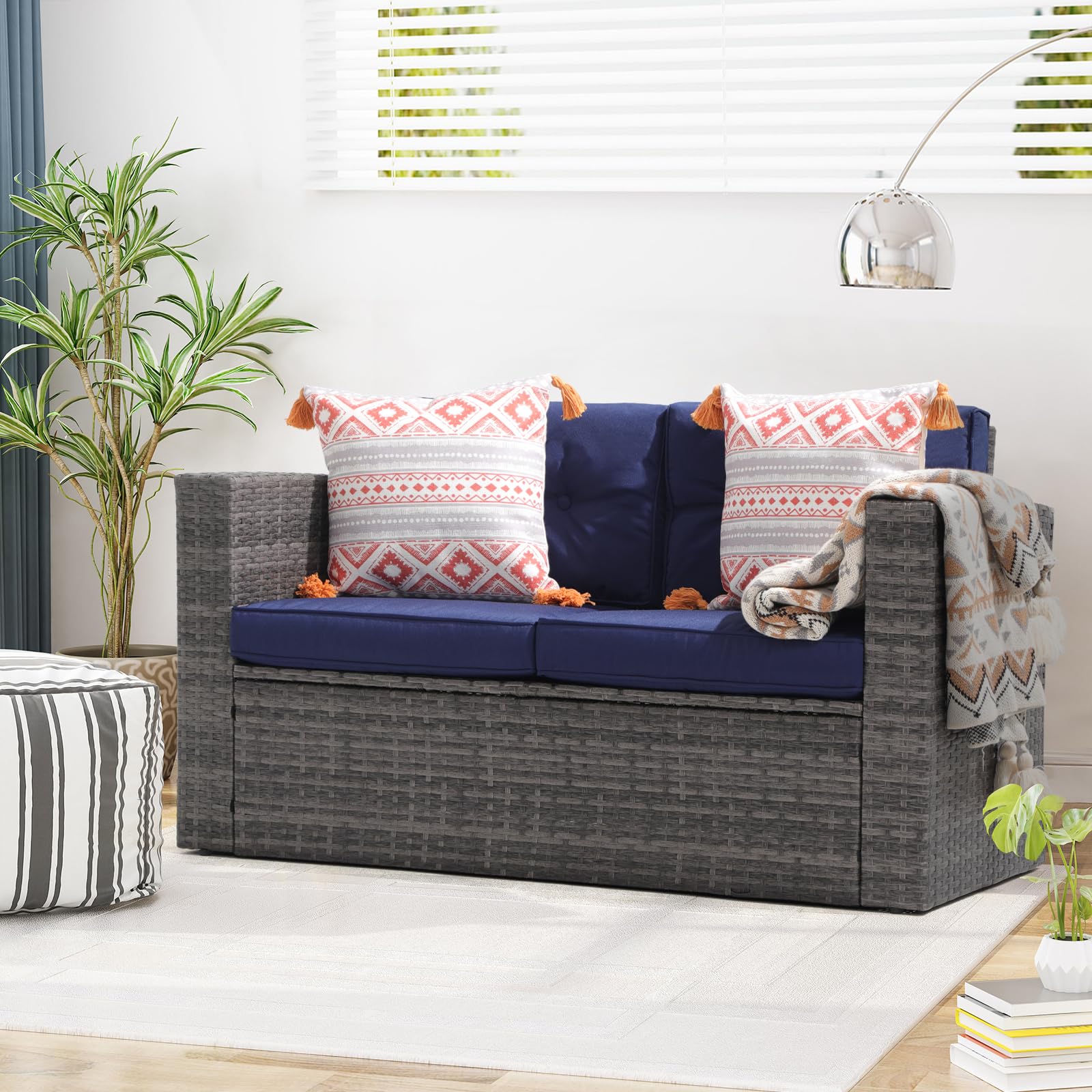 Premium Outdoor Wicker Loveseat Sofa Set - 2-Seater Rattan Patio Furniture with Weather-Resistant Cushions - Navy Blue - Perfect for Balcony, Porch, Deck, Garden & Backyard Relaxation