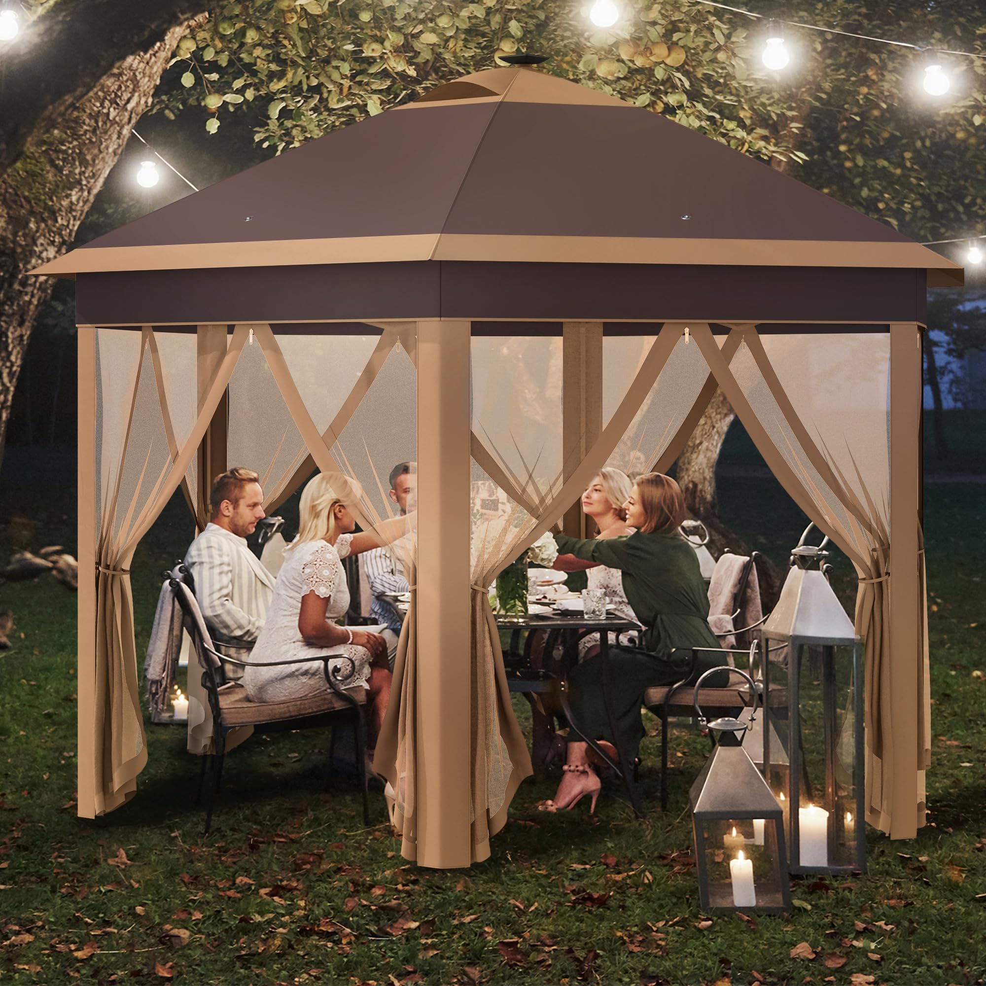 Outsunny 11' x 13' Hexagonal Pop Up Gazebo with Mosquito Netting & Solar LED Lights - Portable Outdoor Canopy Tent for Patio, Backyard, Camping, Picnics - Includes Carry Bag (Beige)