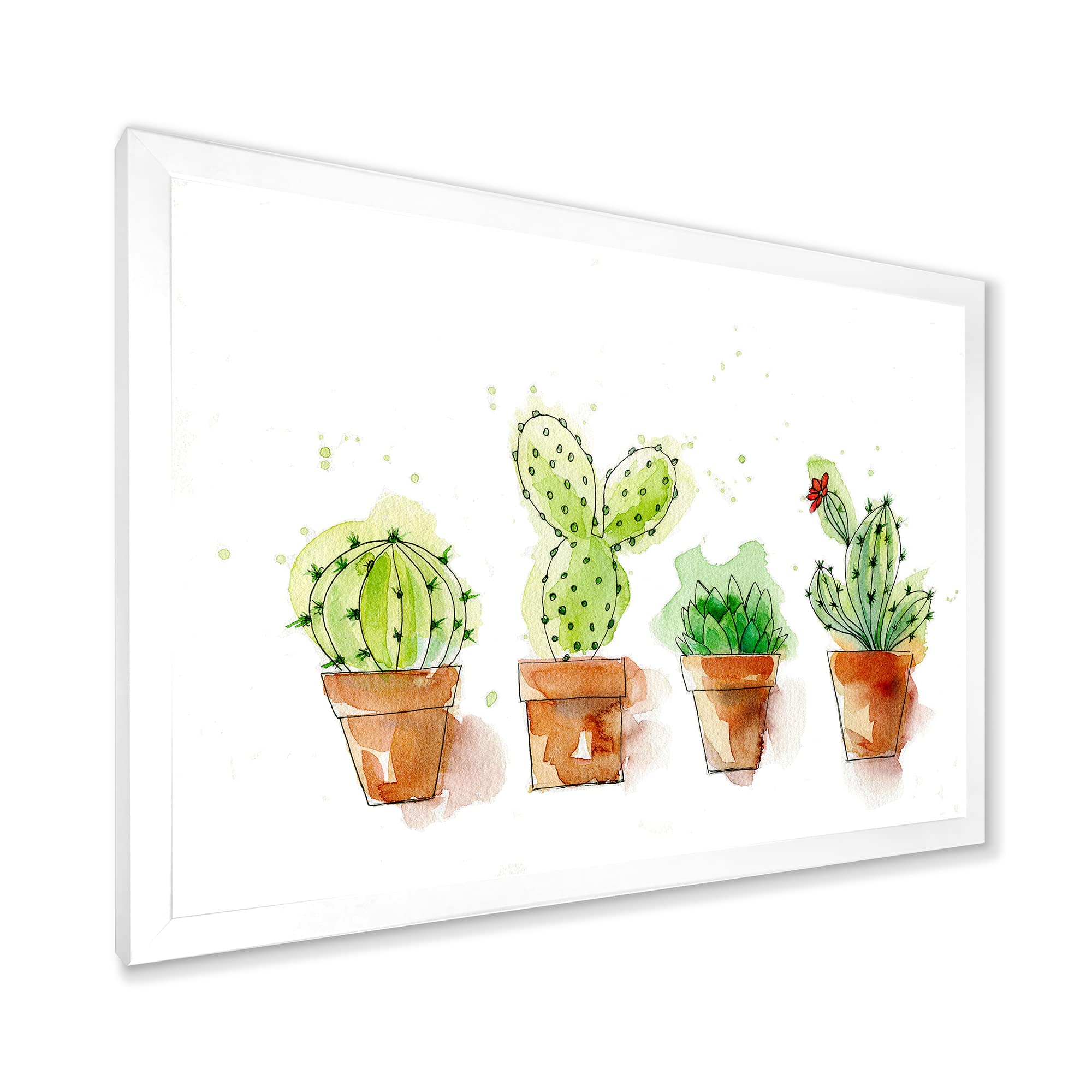 DesignQ Cacti in Ceramic Pots - Gentle Tone Traditional Framed Wall Art for Living Room, Bedroom & Office Decor