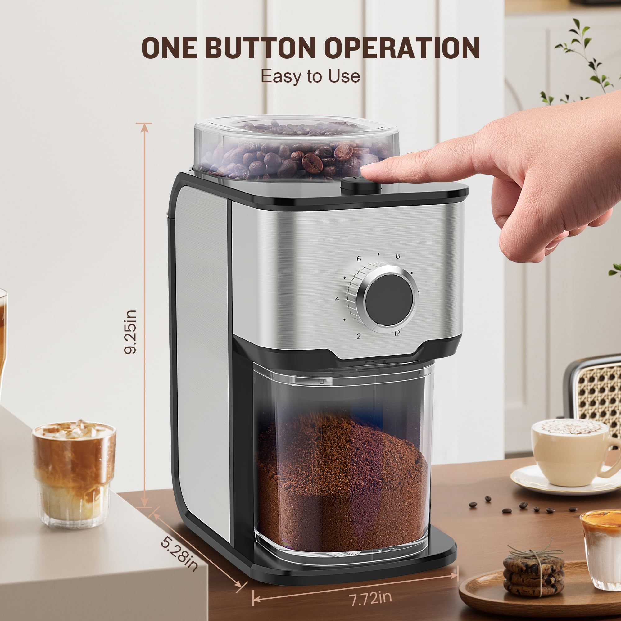Premium Electric Coffee Grinder with Flat Burr - Adjustable Grind for 2-12 Cups | Perfect for Home, Office & Coffee Shops | Fresh Ground Coffee for Espresso, Drip & French Press